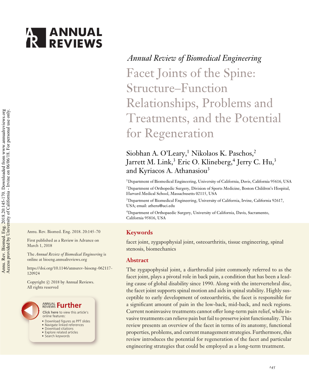 Facet Joints of the Spine: Structure–Function Relationships, Problems and Treatments, and the Potential for Regeneration