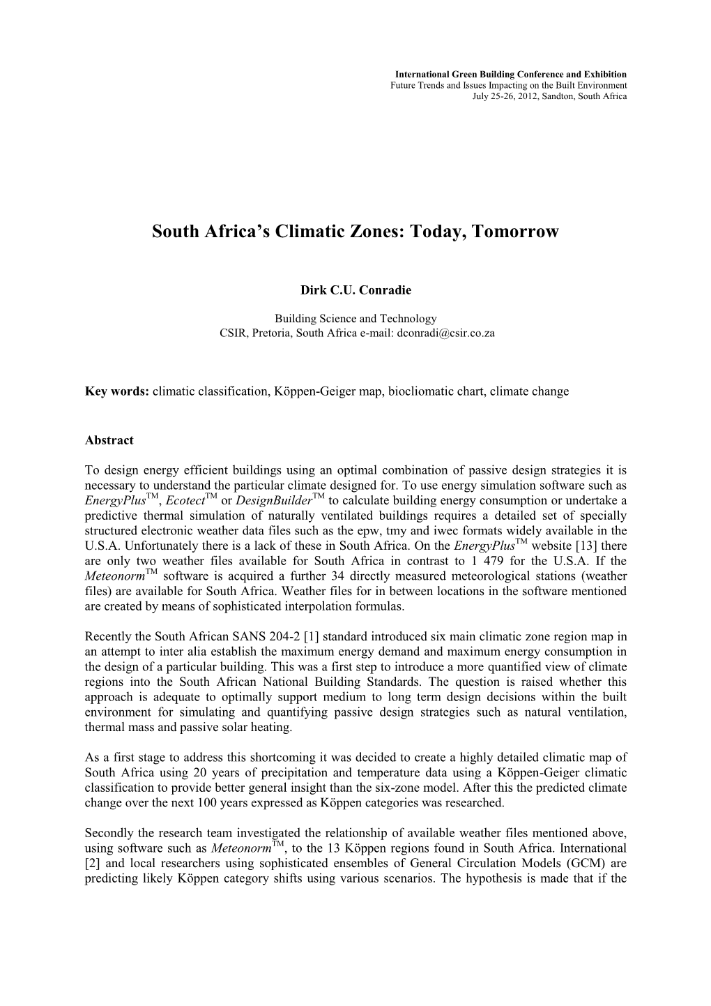 South Africa's Climatic Zones: Today, Tomorrow