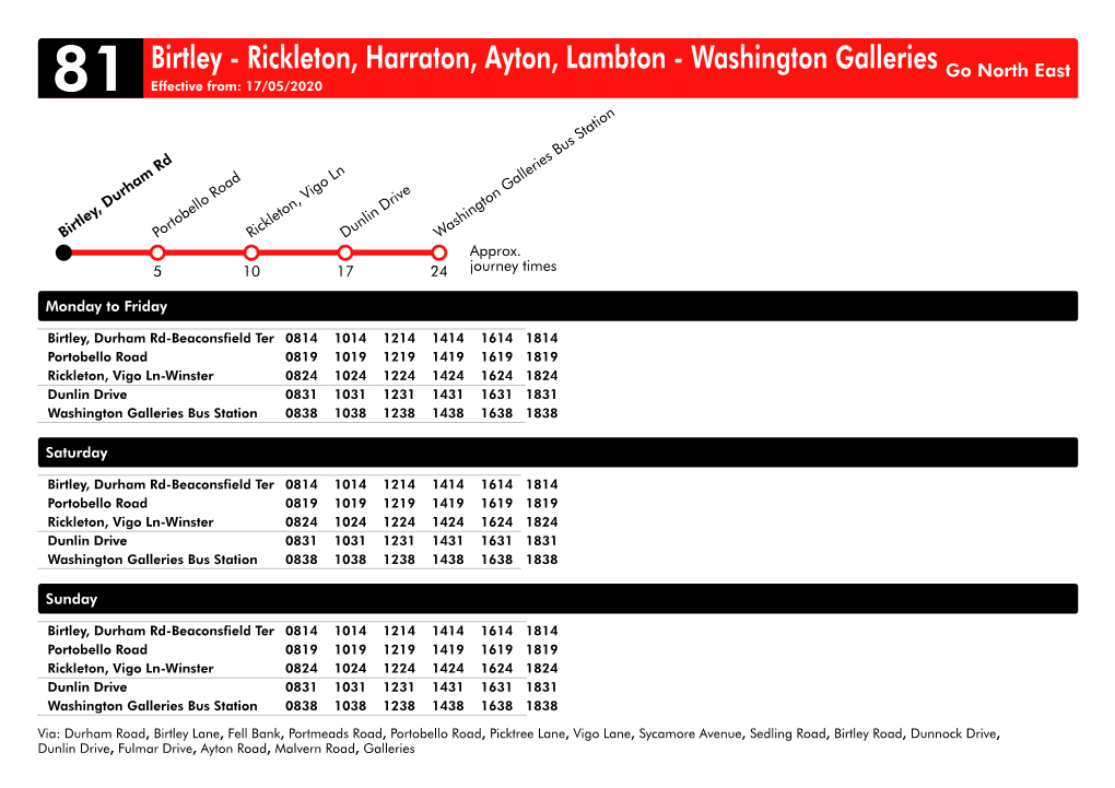 Rickleton, Harraton, Ayton, Lambton - Washington Galleries Go North East 81 Effective From: 17/05/2020