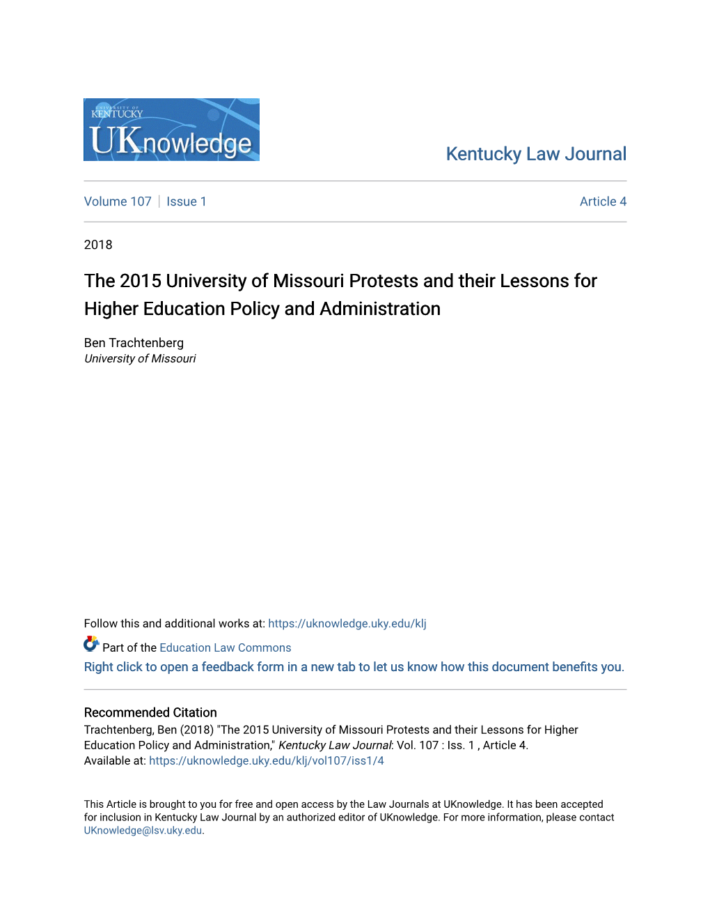 The 2015 University of Missouri Protests and Their Lessons for Higher Education Policy and Administration