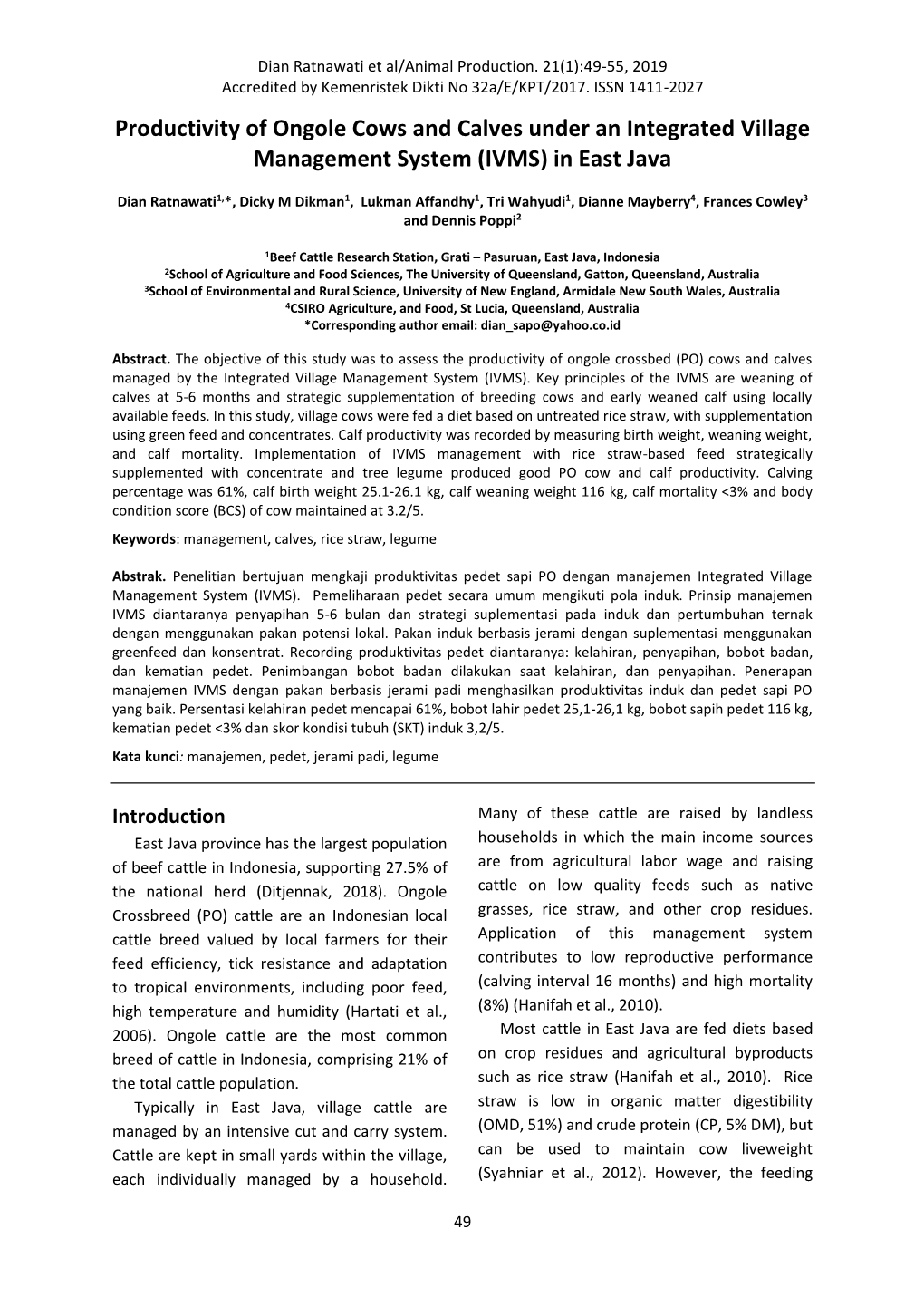 Productivity of Ongole Cows and Calves Under an Integrated Village Management System (IVMS) in East Java