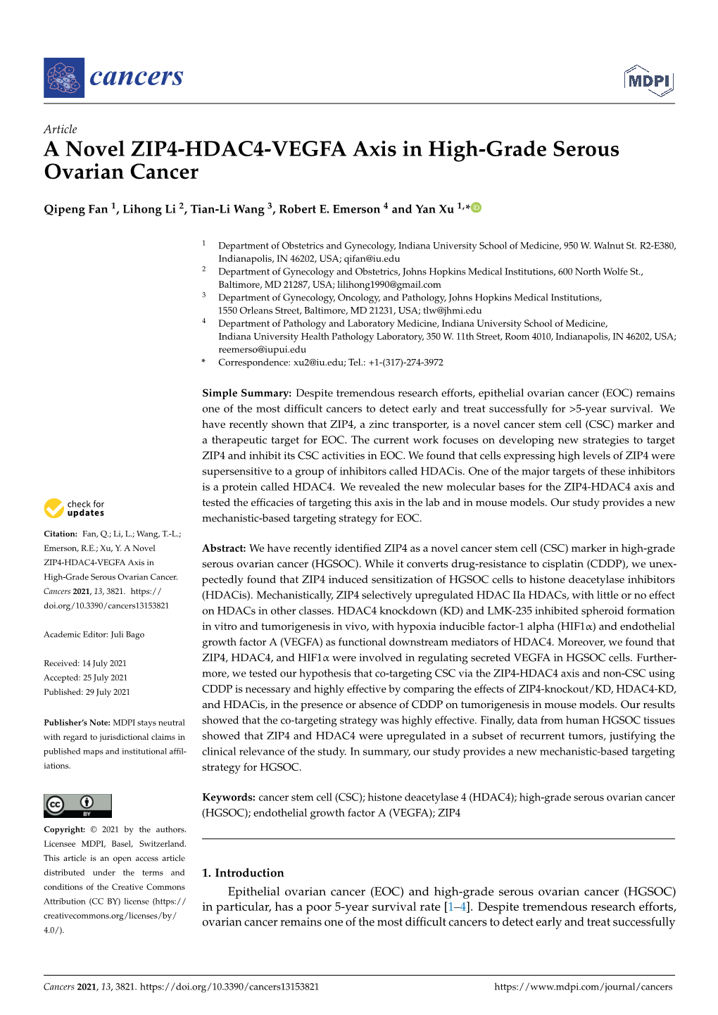 A Novel ZIP4-HDAC4-VEGFA Axis in High-Grade Serous Ovarian Cancer