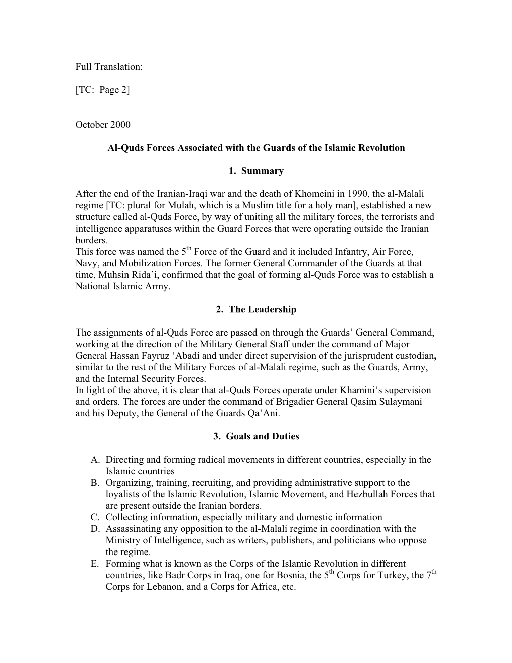 Full Translation: [TC: Page 2] October 2000 Al-Quds Forces Associated