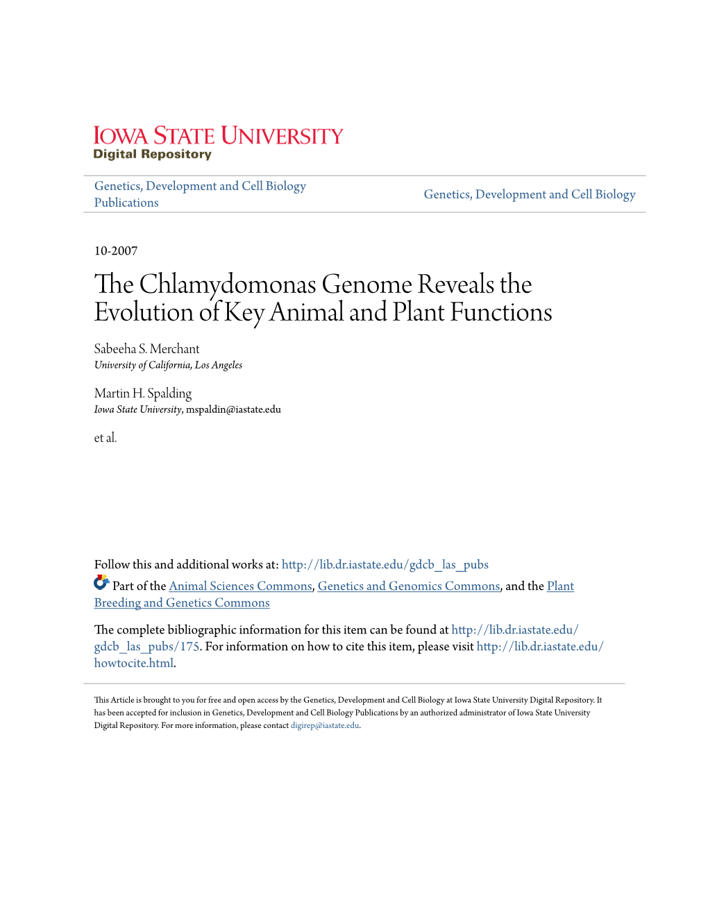 The Chlamydomonas Genome Reveals the Evolution of Key Animal and Plant Functions