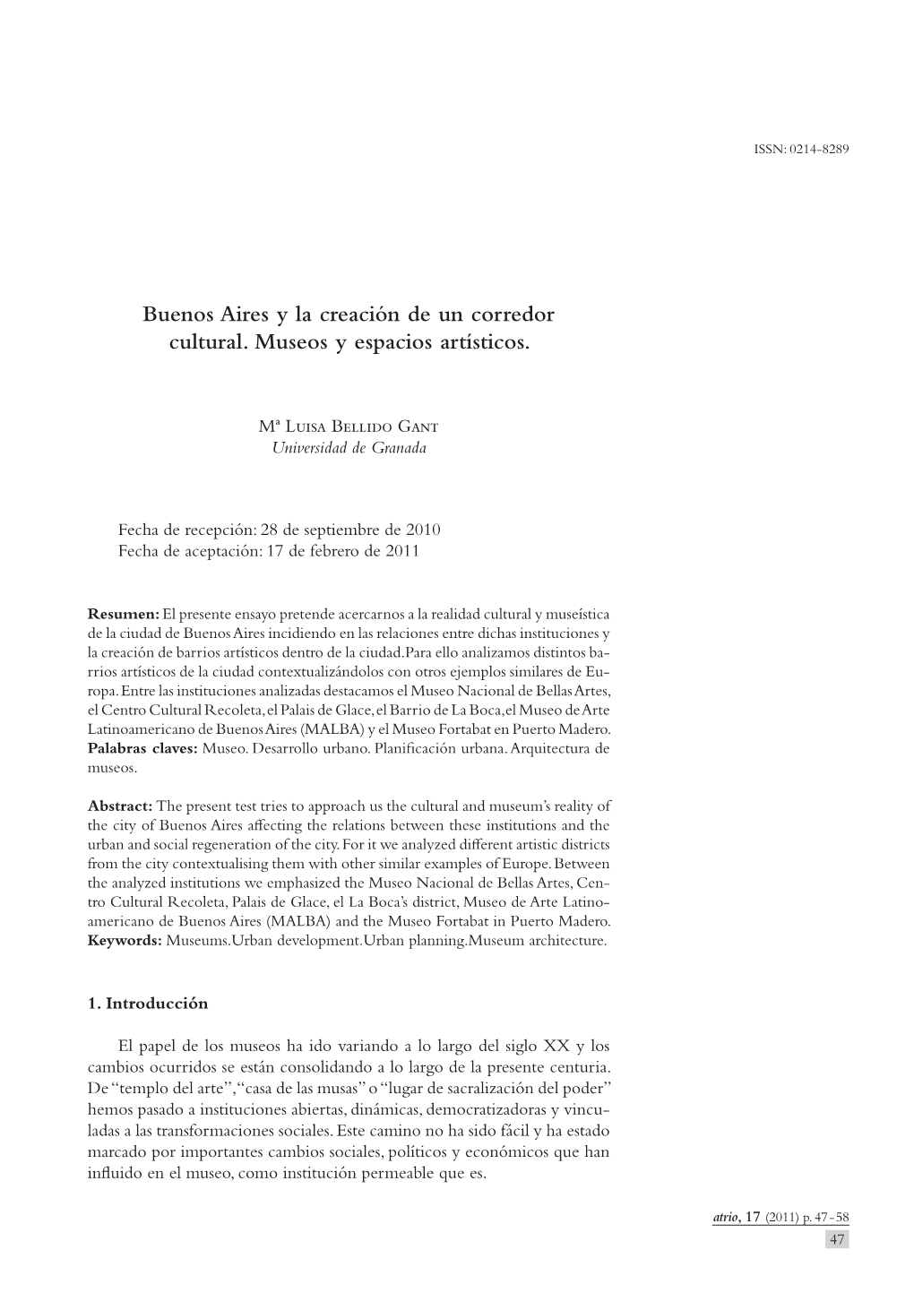 Buenos Aires Y La Creación De Un Corredor Cultural. Museos Y Espacios Artísticos