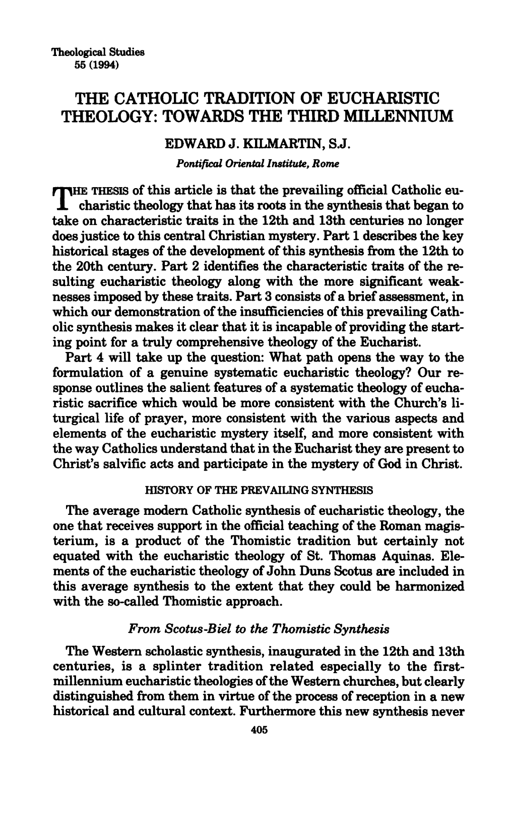 The Catholic Tradition of Eucharistic Theology: Towards the Third Millennium Edward J