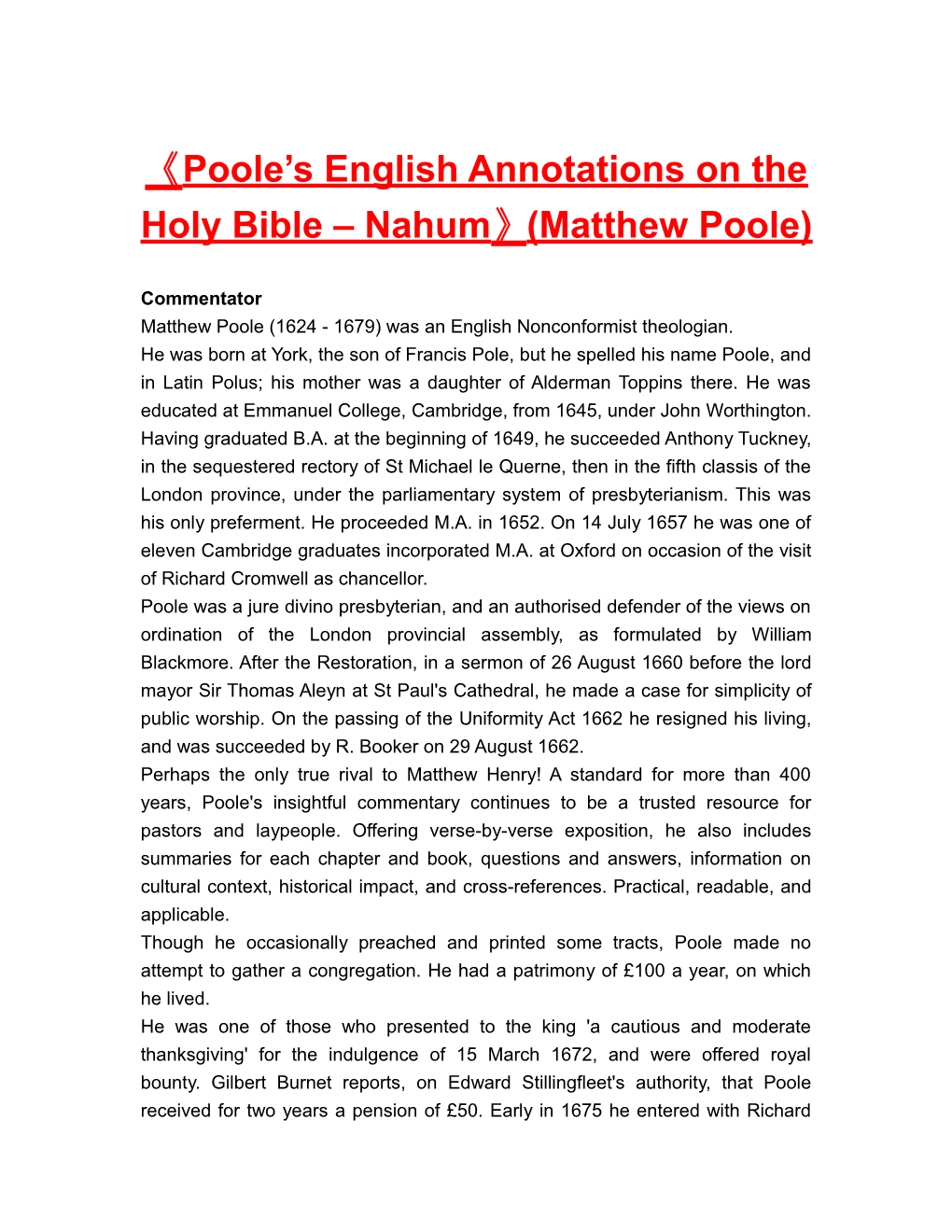 Poole S English Annotations on the Holy Bible Nahum (Matthew Poole)