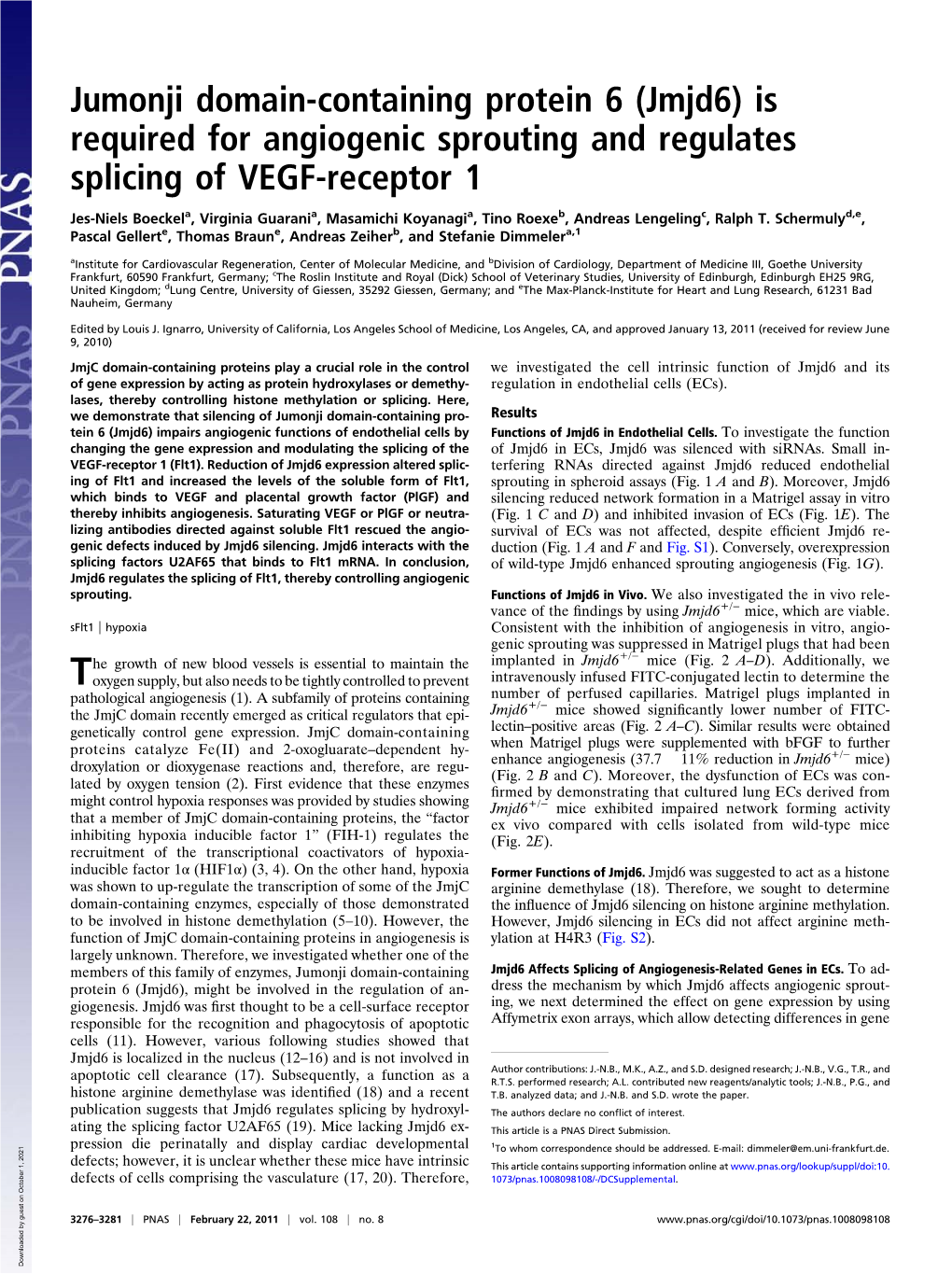 Jumonji Domain-Containing Protein 6 (Jmjd6) Is Required for Angiogenic Sprouting and Regulates Splicing of VEGF-Receptor 1