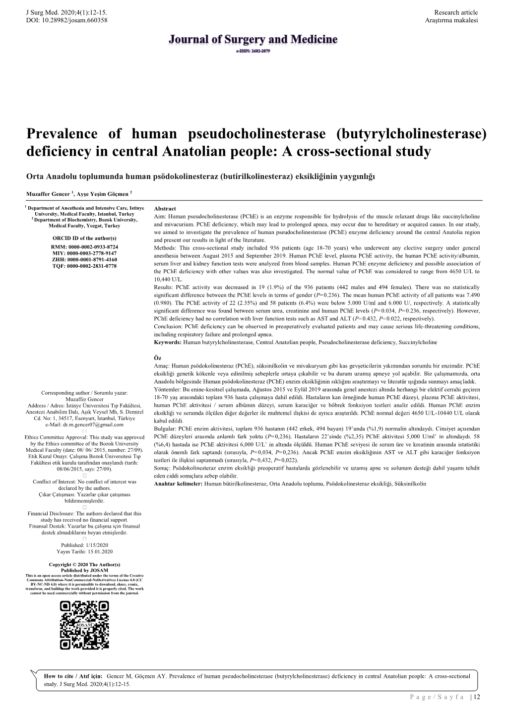 Butyrylcholinesterase) Deficiency in Central Anatolian People: a Cross-Sectional Study