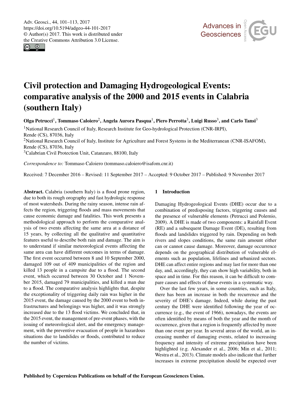 Civil Protection and Damaging Hydrogeological Events: Comparative Analysis of the 2000 and 2015 Events in Calabria (Southern Italy)