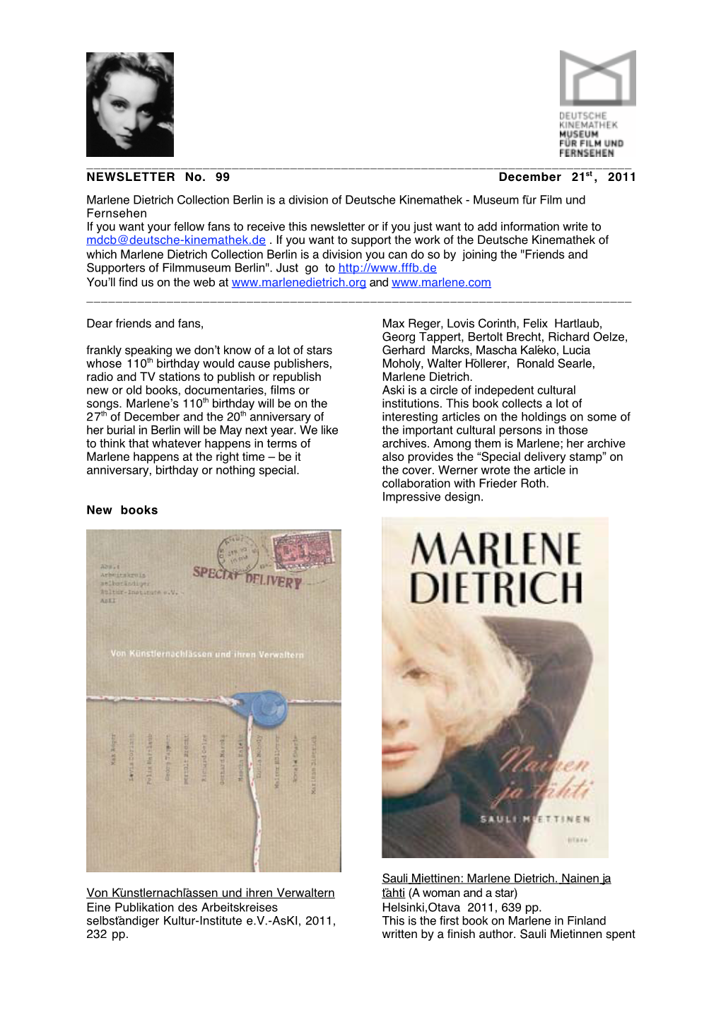 NEWSLETTER No. 99 December 21St , 2011 Marlene