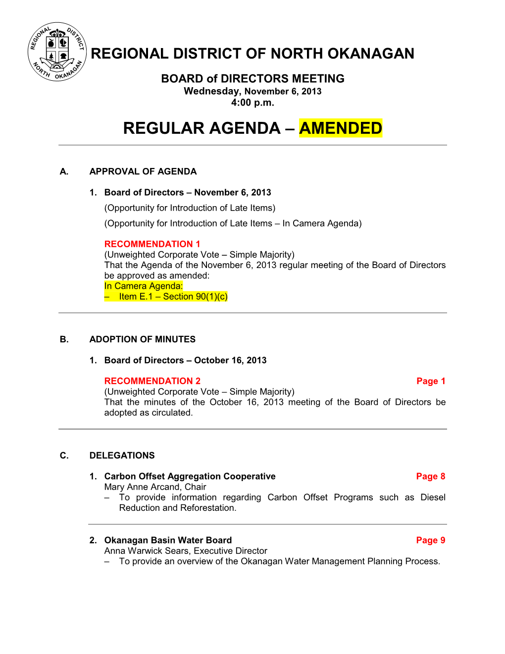 Regular Agenda – Amended