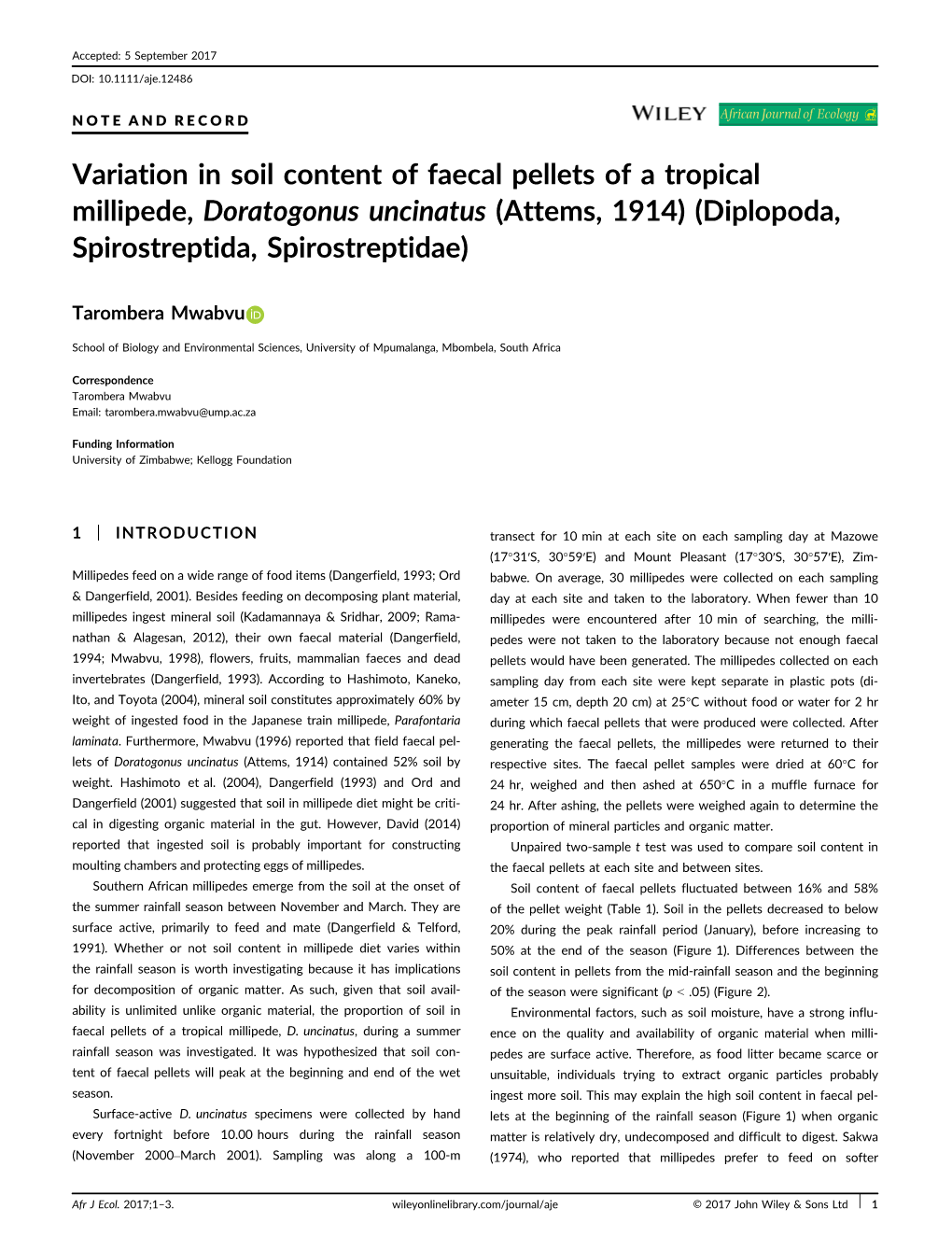 Variation in Soil Content of Faecal Pellets of a Tropical Millipede, Doratogonus Uncinatus (Attems, 1914) (Diplopoda, Spirostreptida, Spirostreptidae)