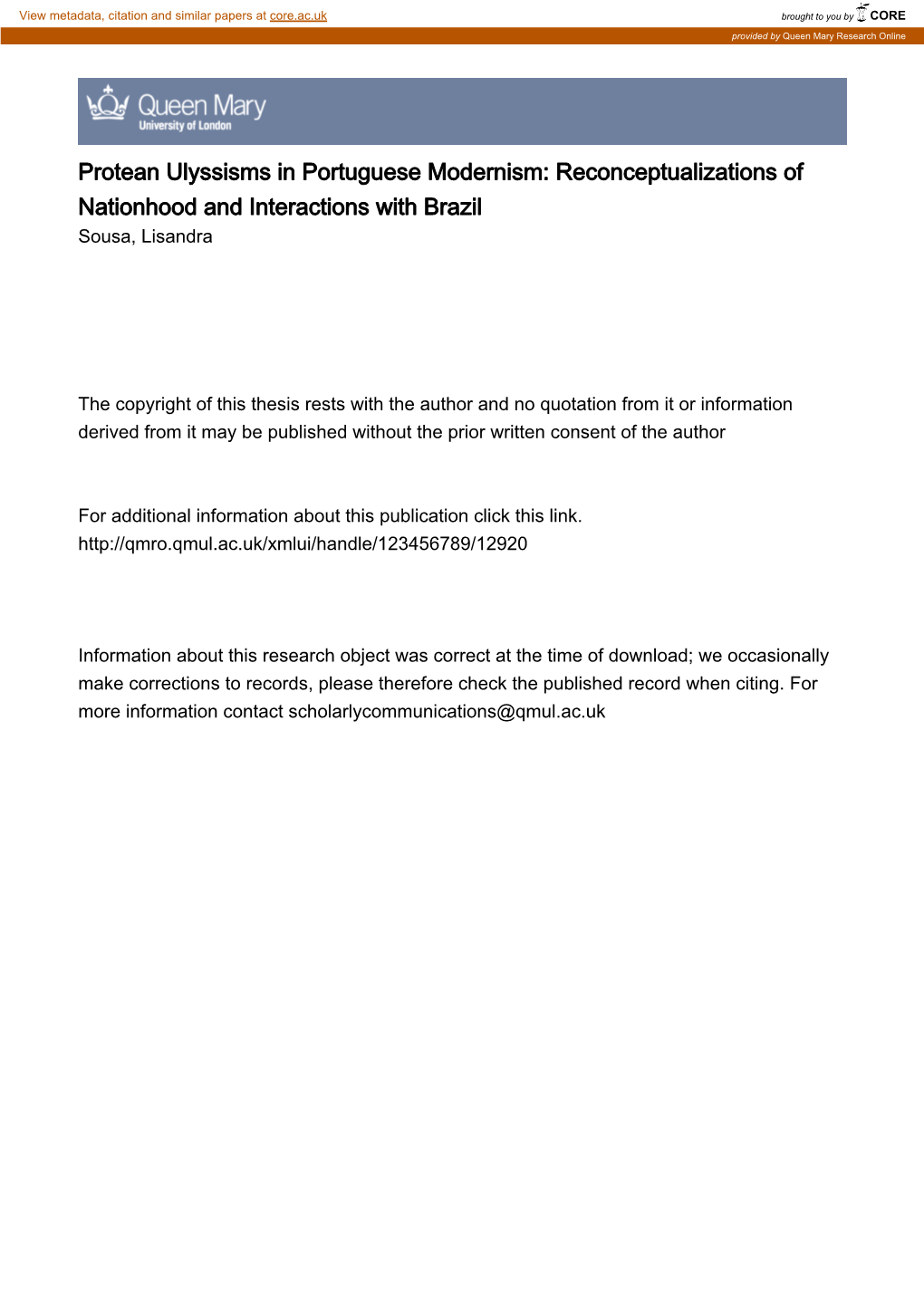 Protean Ulyssisms in Portuguese Modernism: Reconceptualizations of Nationhood and Interactions with Brazil Sousa, Lisandra