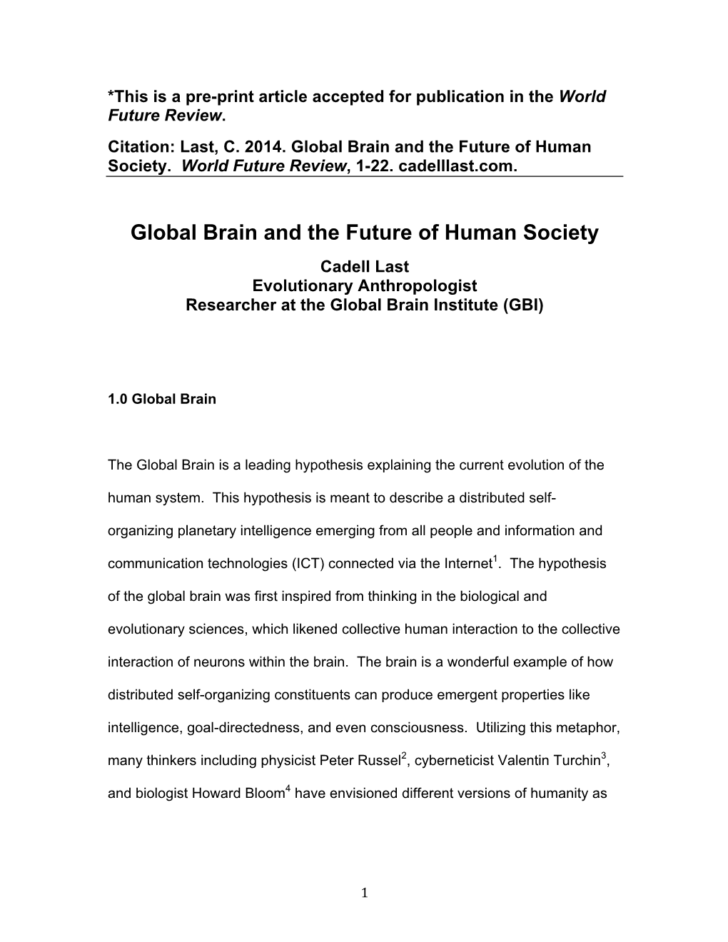 Global Brain and the Future of Human Society