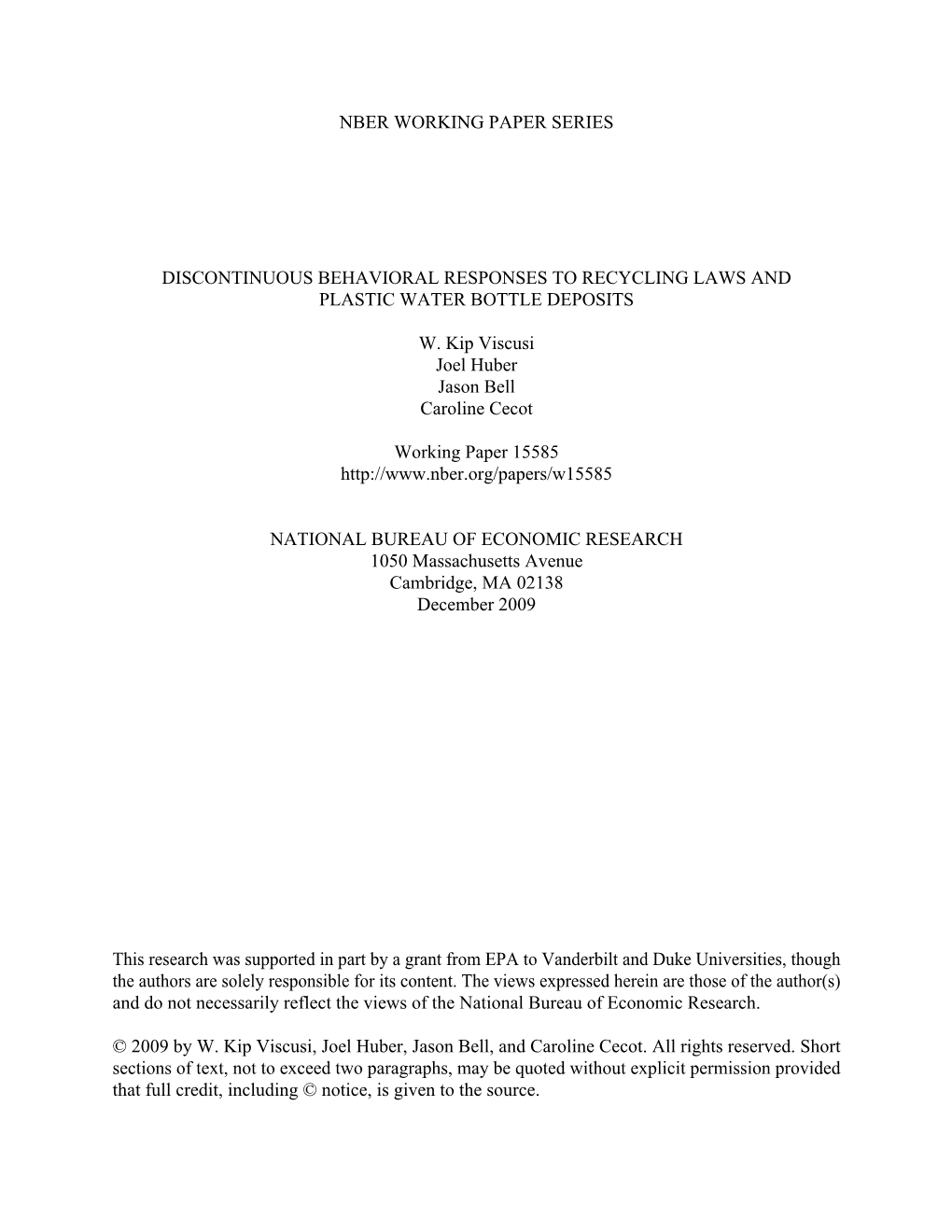 Discontinuous Behavioral Responses to Recycling Laws and Plastic Water Bottle Deposits