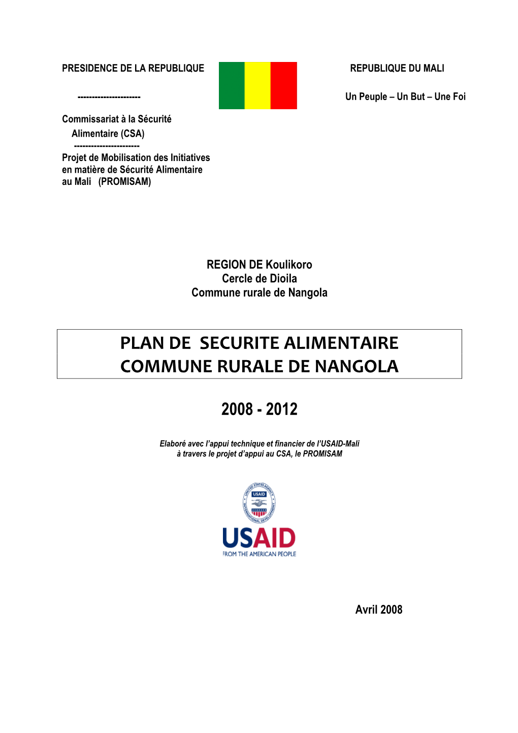 Plan De Securite Alimentaire Commune Rurale De Nangola