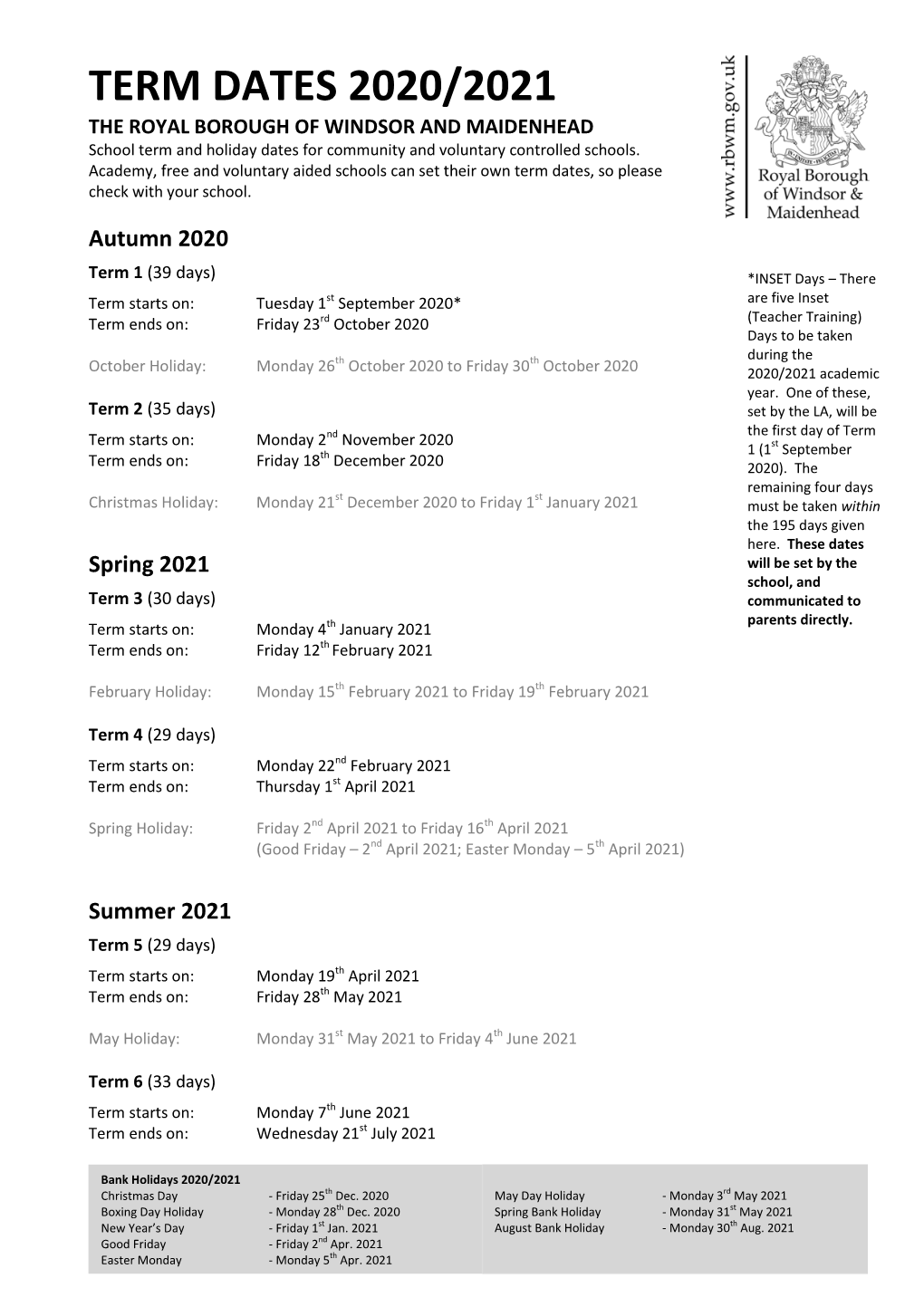 School Term Dates 2020-2021