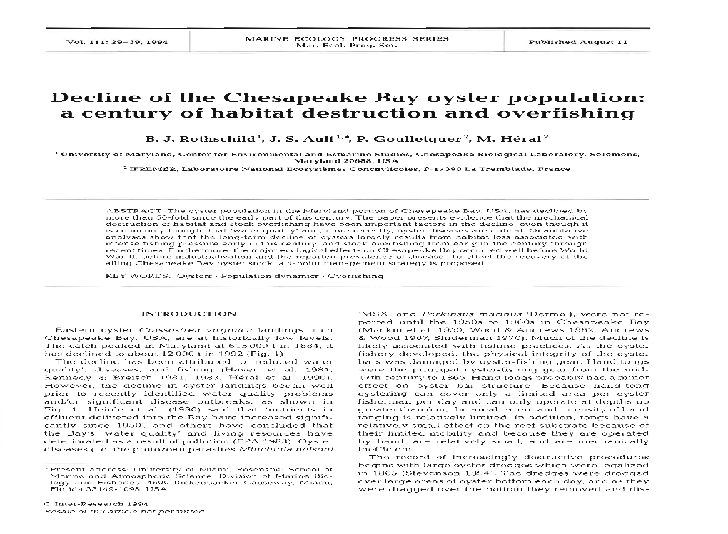 Decline of the Chesapeake Bay Oyster Population: a Century of Habitat Destruction and Overfishing