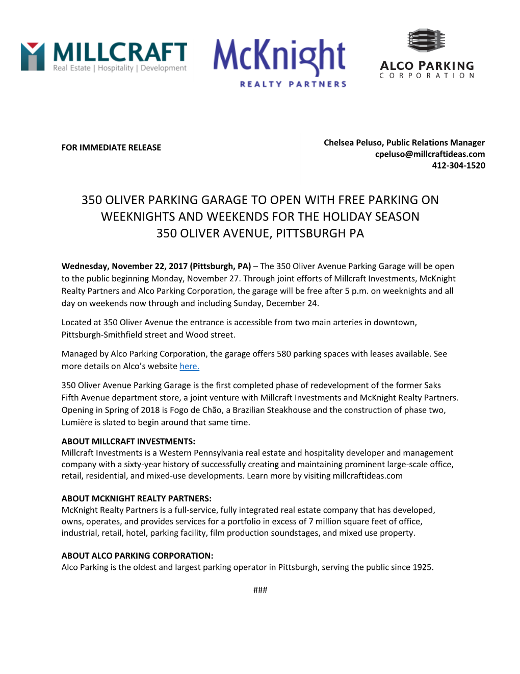 350 Oliver Parking Garage to Open with Free Parking on Weeknights and Weekends for the Holiday Season 350 Oliver Avenue, Pittsburgh Pa