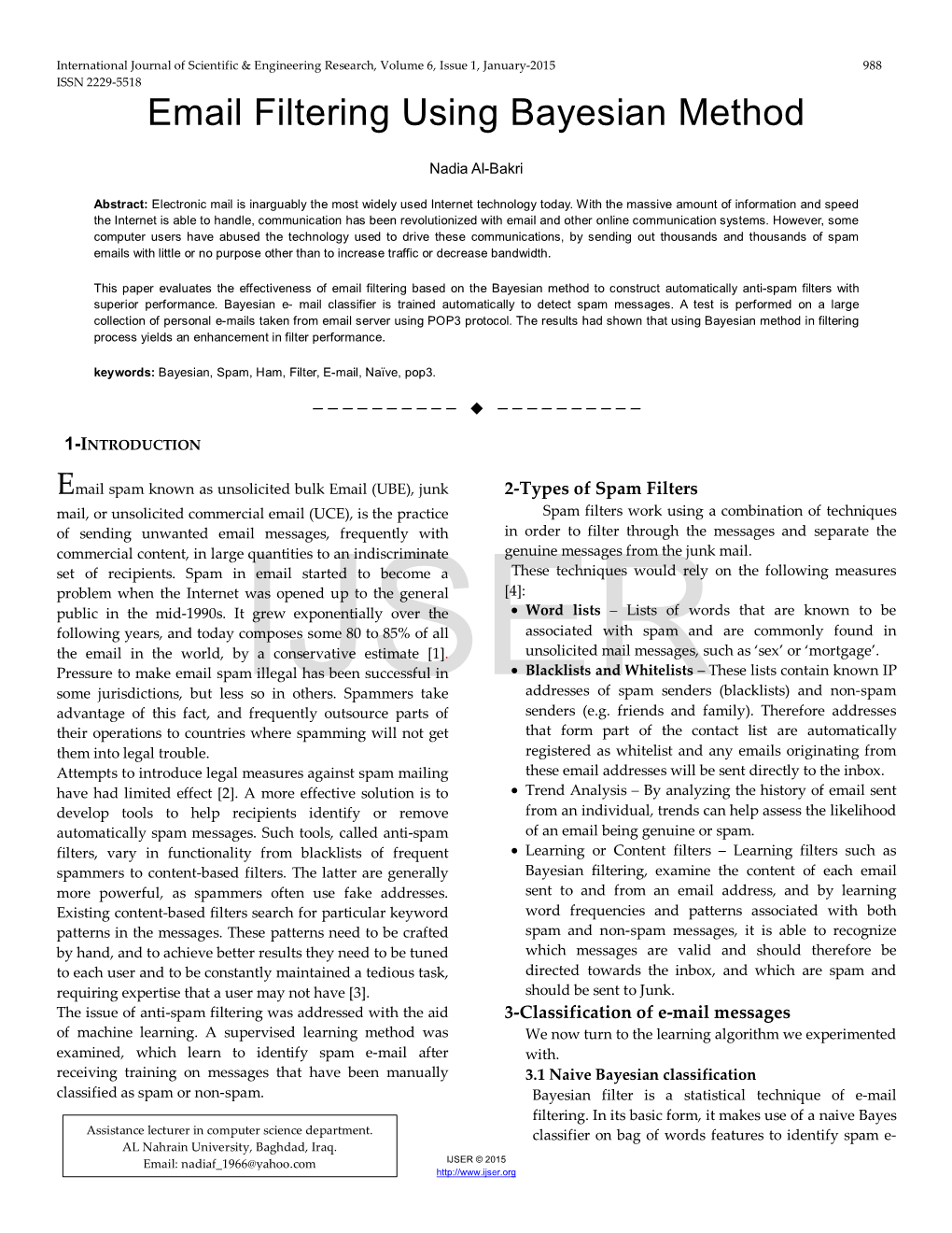 Email Filtering Using Bayesian Method