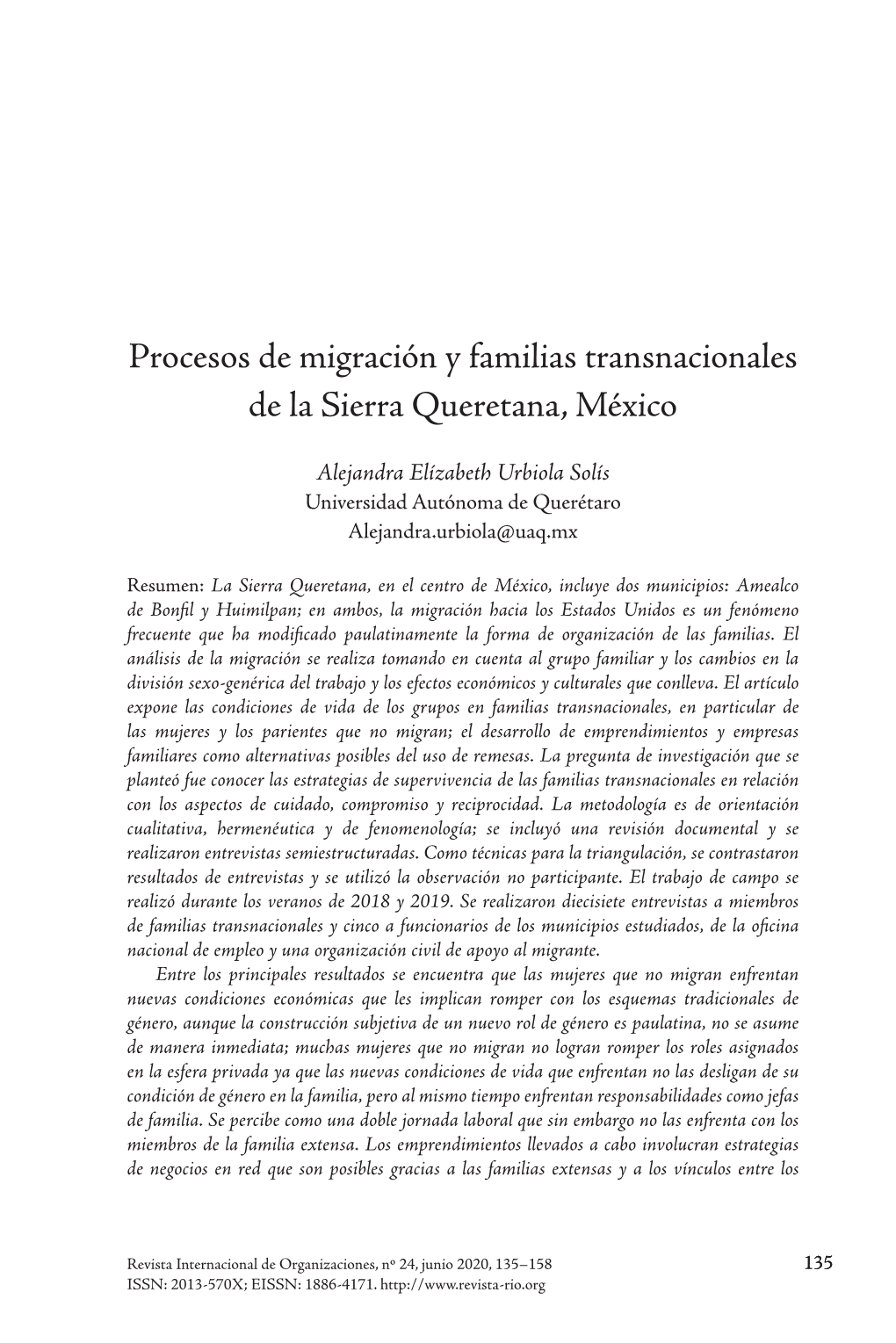 Procesos De Migración Y Familias Transnacionales De La Sierra Queretana, México