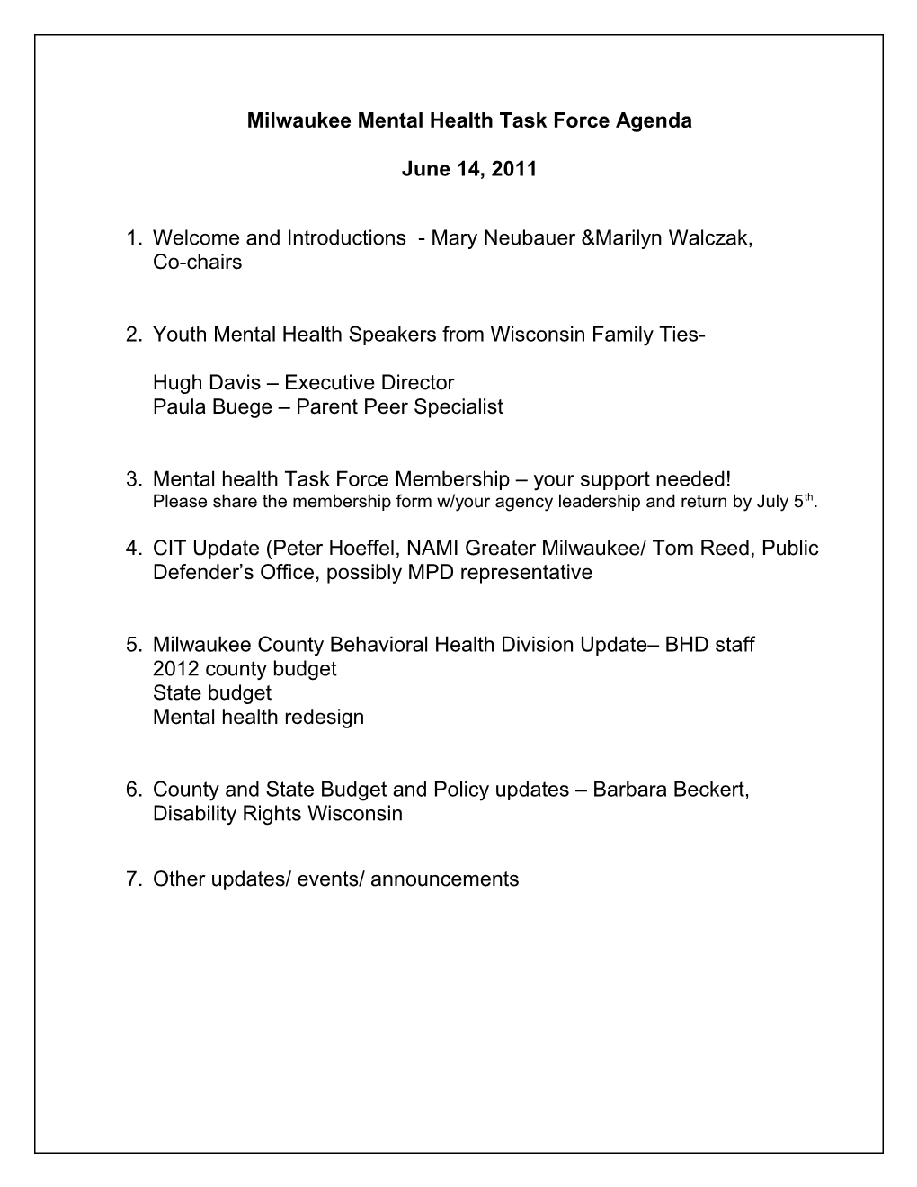 Milwaukee Mental Health Task Force Steering Committee Agenda