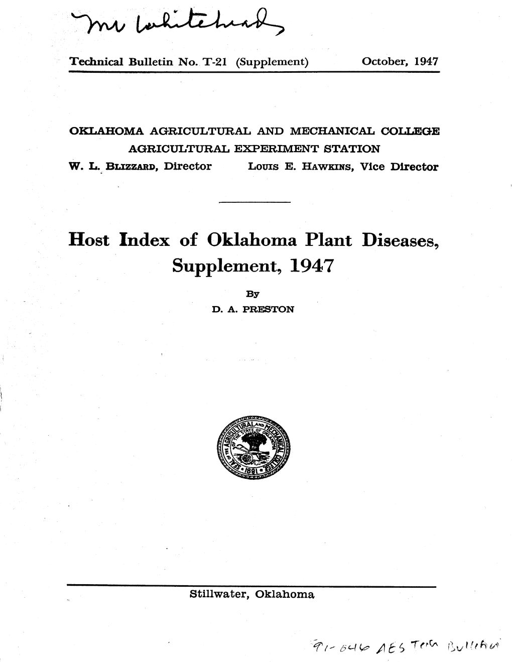 Host Index of Oklahoma Plant Diseases, Supplement, 1947
