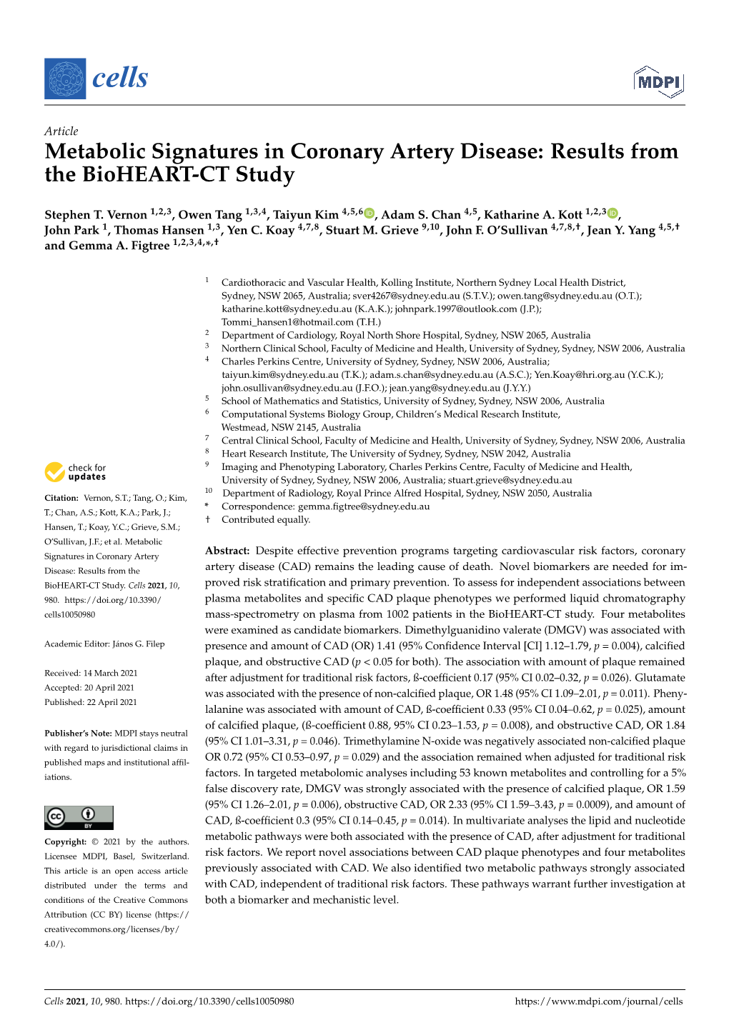 Metabolic Signatures in Coronary Artery Disease: Results from the Bioheart-CT Study