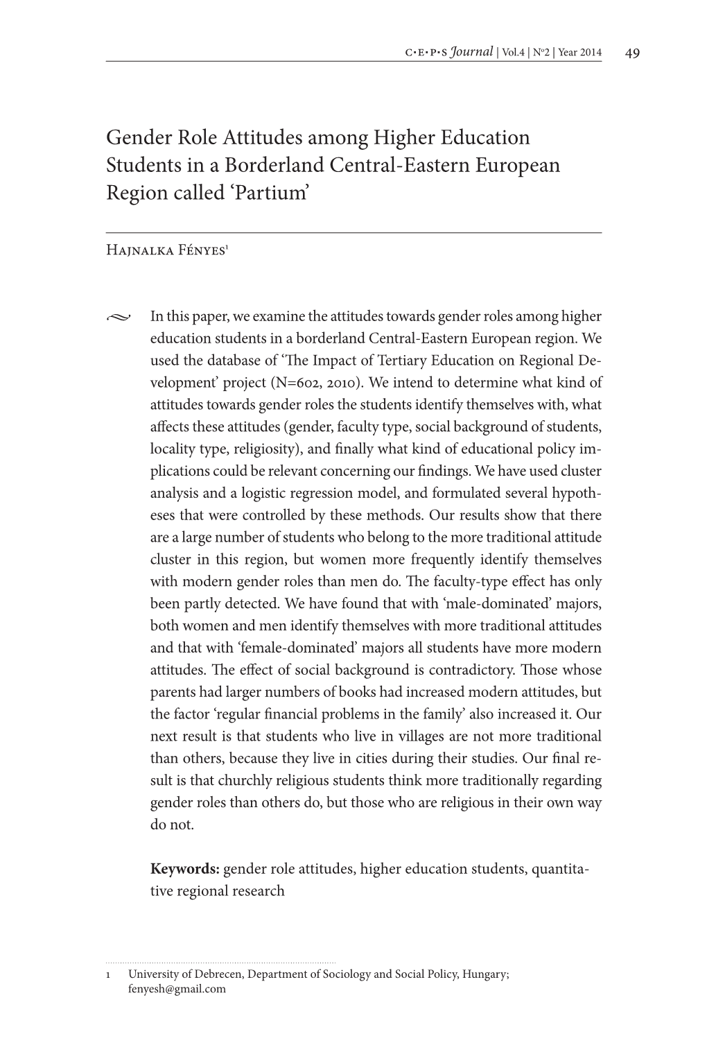 Gender Role Attitudes Among Higher Education Students in a Borderland Central-Eastern European Region Called ‘Partium’