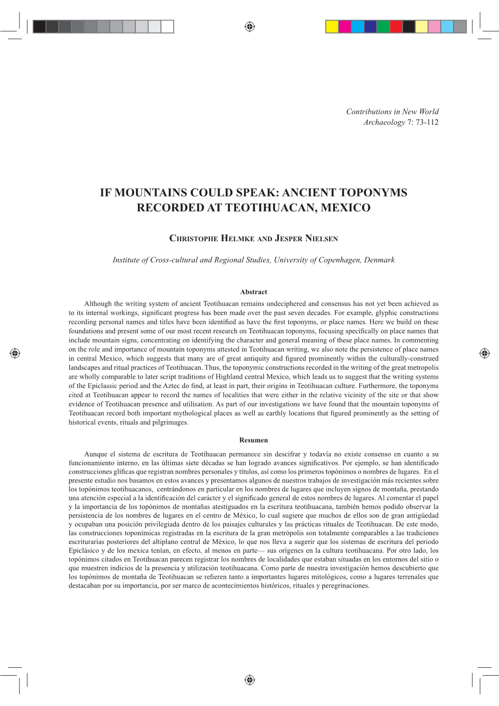 If Mountains Could Speak Ancient Toponyms Recorded at Teotihuacan