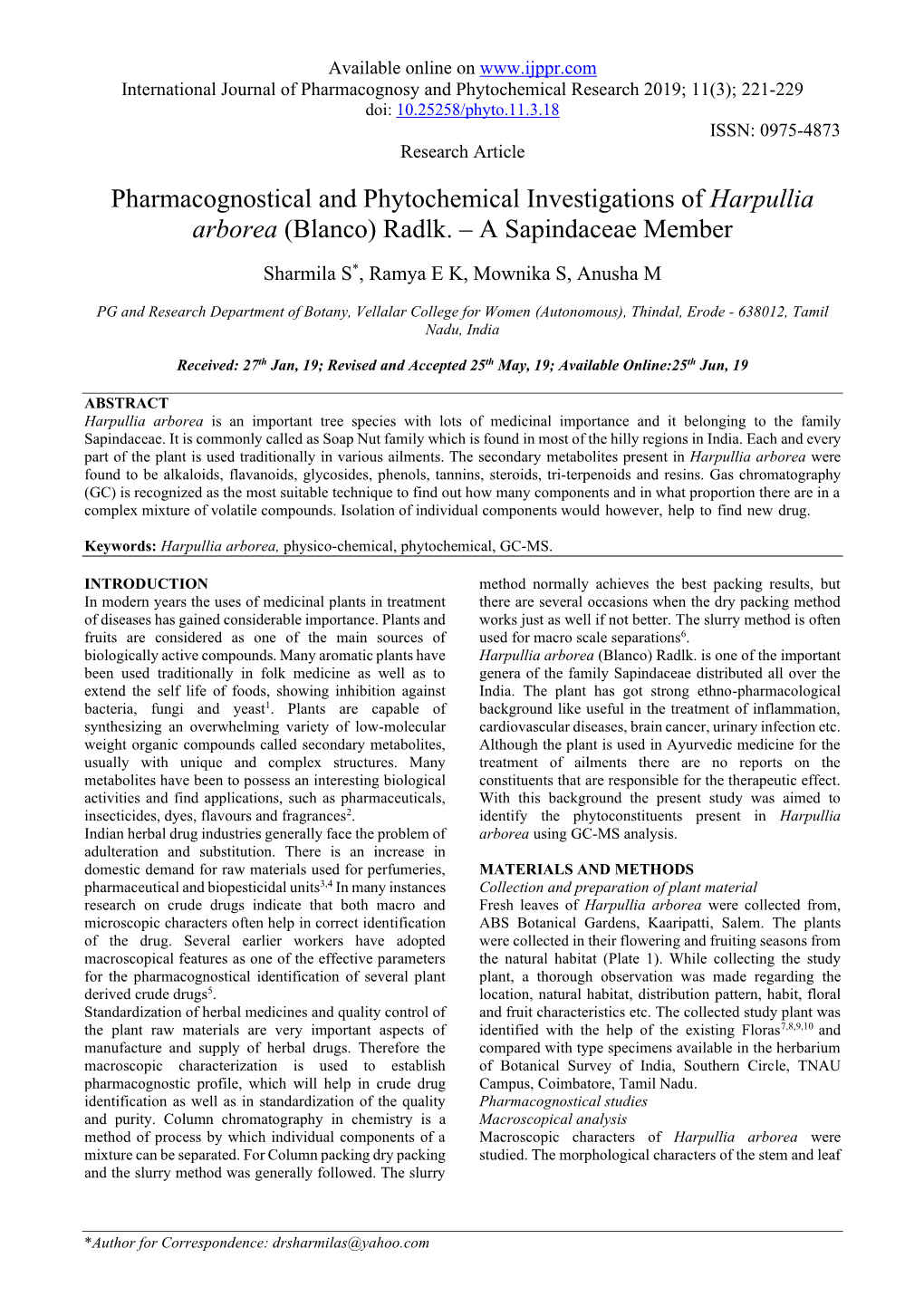 Pharmacognostical and Phytochemical Investigations of Harpullia Arborea (Blanco) Radlk