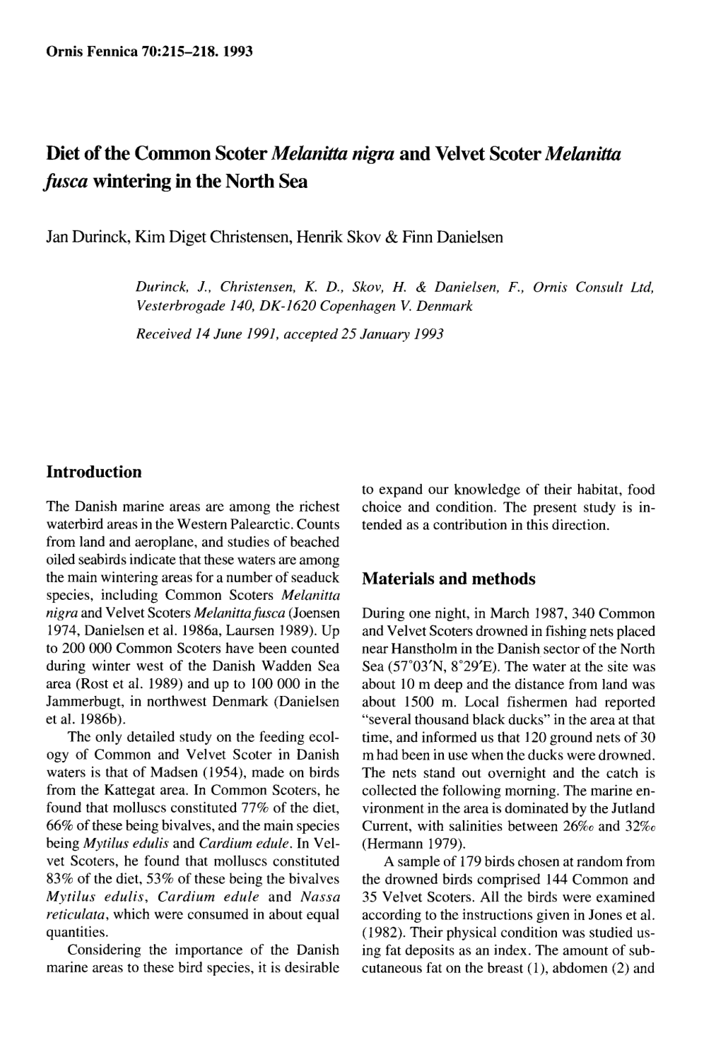 Diet of the Common Scoter Melanitta Nigra and Velvet Scoter Melanitta Fusca Wintering in the North Sea