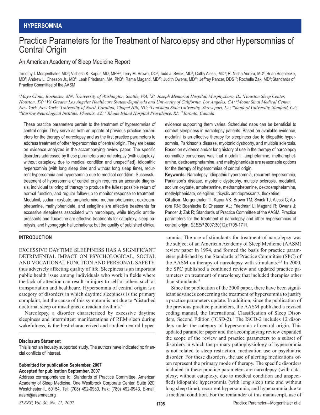 AASM Practice Parameters for the Treatment of Narcolepsy and Other Hypersomnias of Central Origin