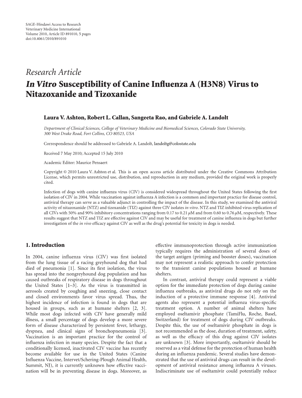 In Vitro Susceptibility of Canine Influenza a (H3N8) Virus To