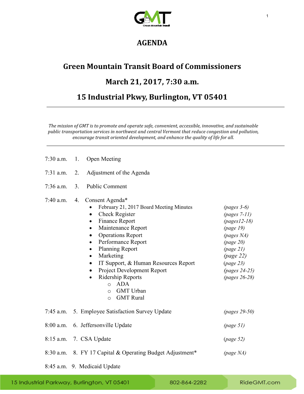 AGENDA Green Mountain Transit Board of Commissioners March 21