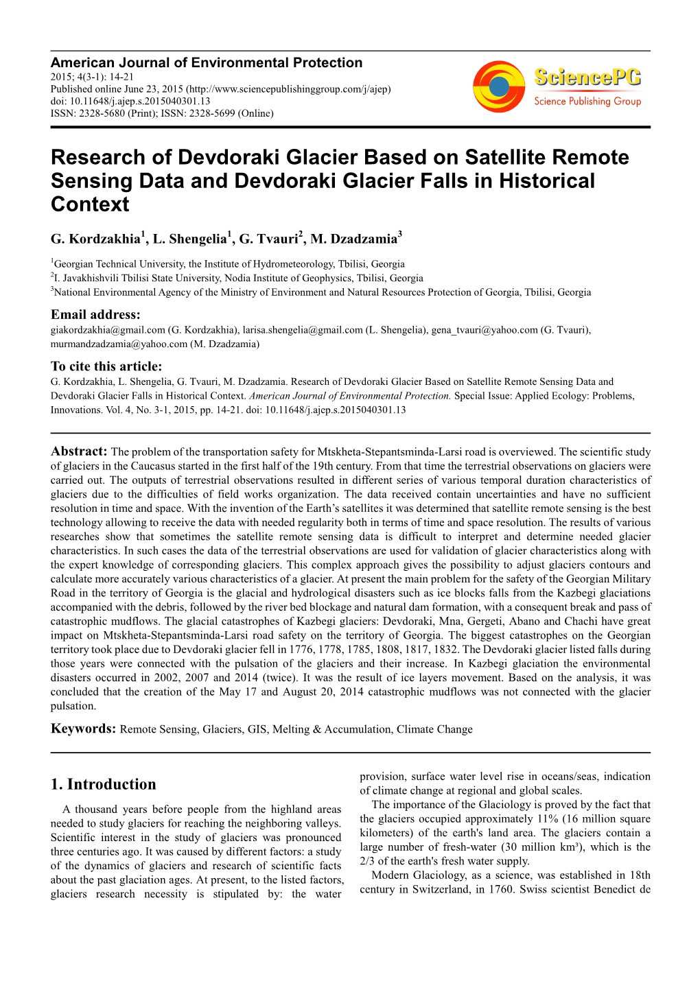 Research of Devdoraki Glacier Based on Satellite Remote Sensing Data and Devdoraki Glacier Falls in Historical Context
