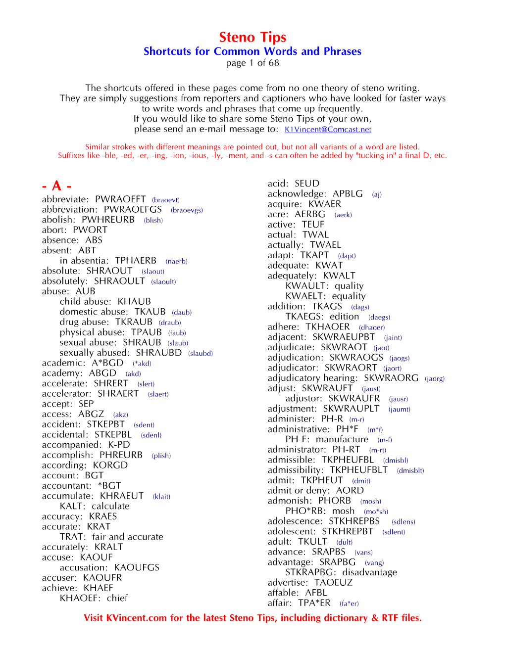 Steno Tips Shortcuts for Common Words and Phrases Page 1 of 68