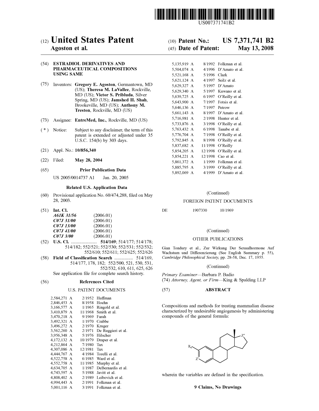 United States Patent (10) Patent No.: US 7,371,741 B2 Agoston Et Al