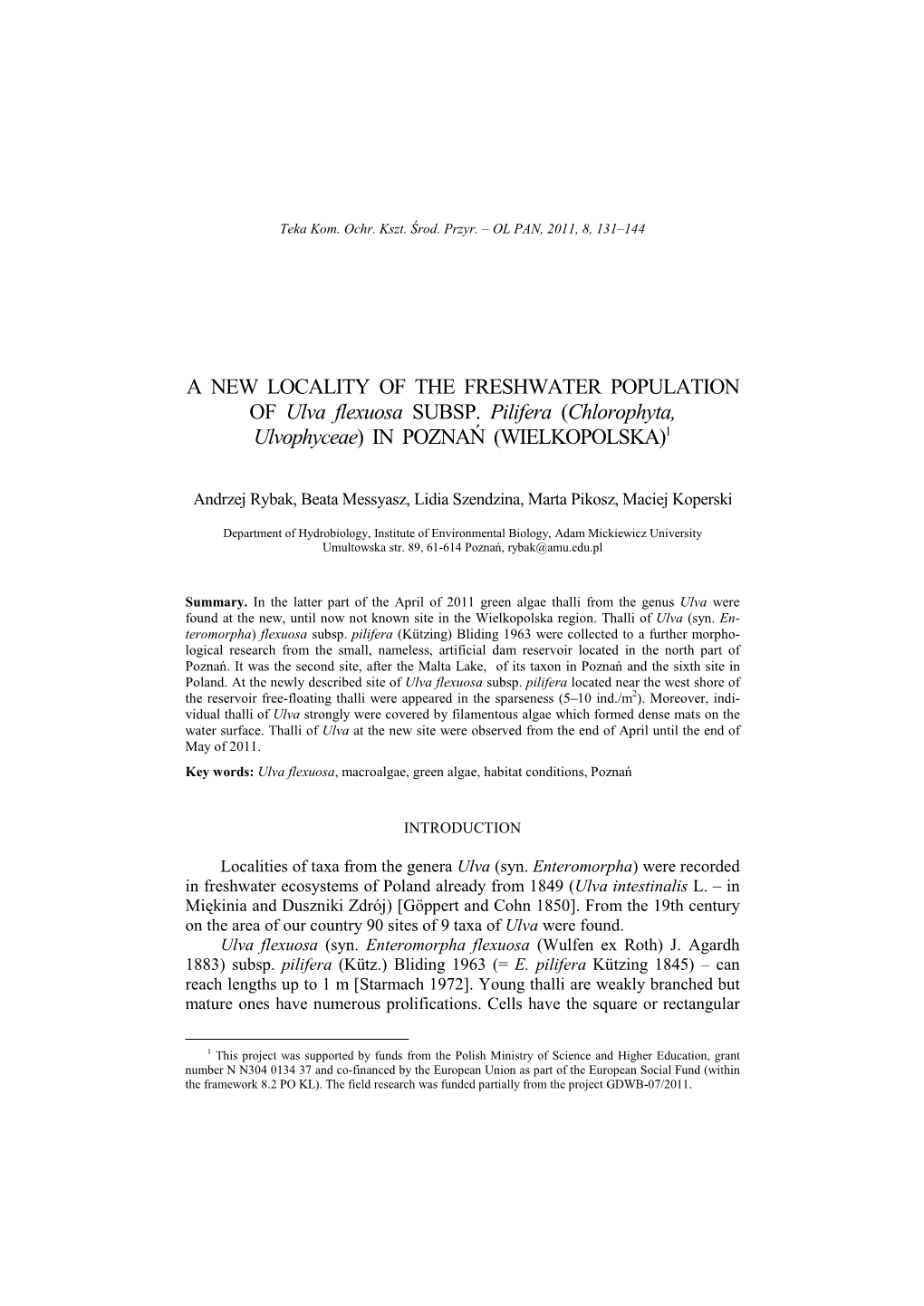 A NEW LOCALITY of the FRESHWATER POPULATION of Ulva Flexuosa SUBSP