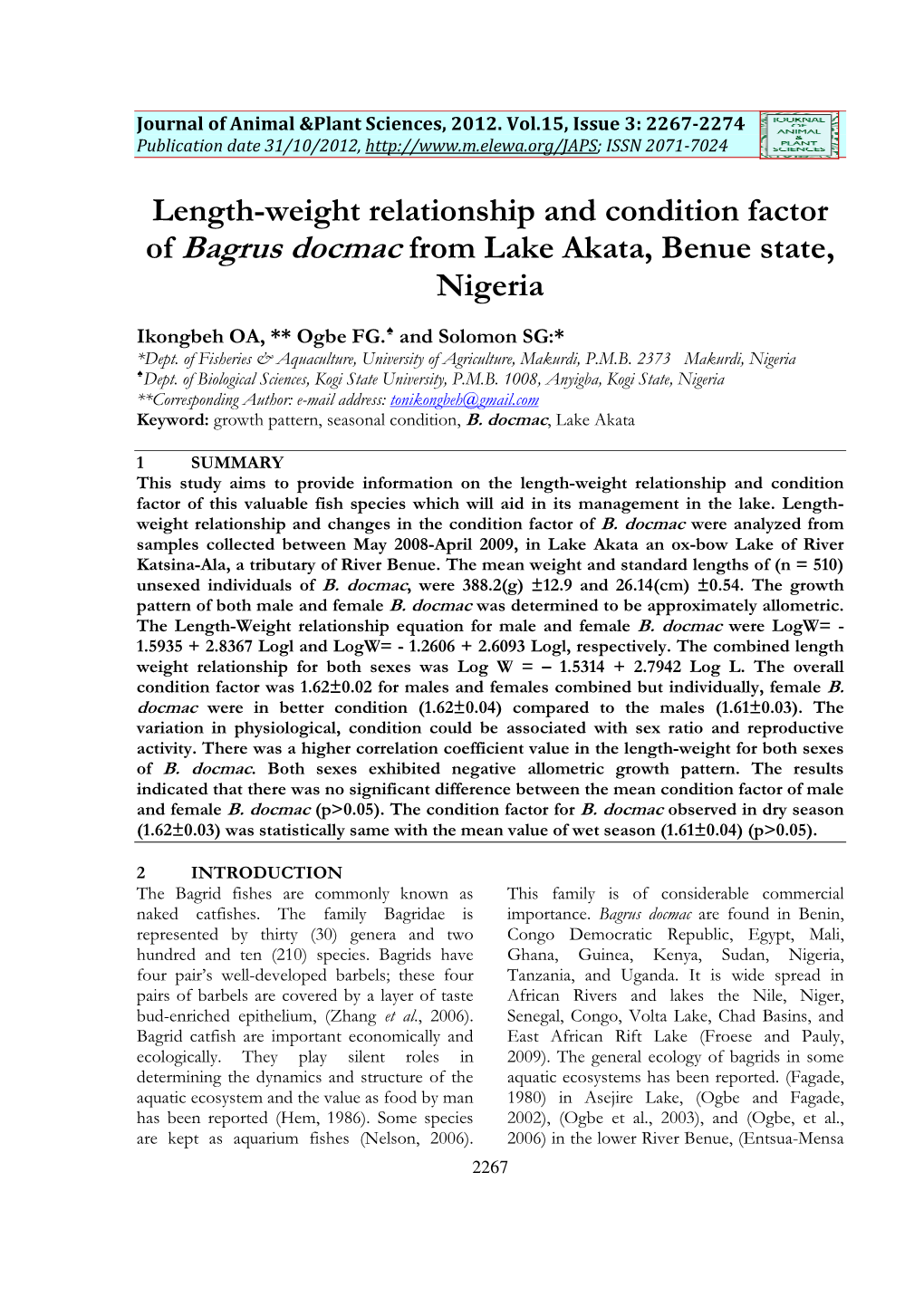 Length-Weight Relationship and Condition Factor of Bagrus Docmac from Lake Akata, Benue State, Nigeria