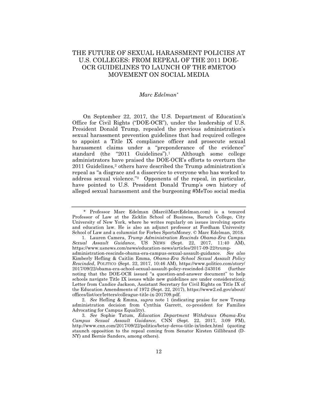 The Future of Sexual Harassment Policies at U.S. Colleges: from Repeal of the 2011 Doe- Ocr Guidelines to Launch of the #Metoo Movement on Social Media