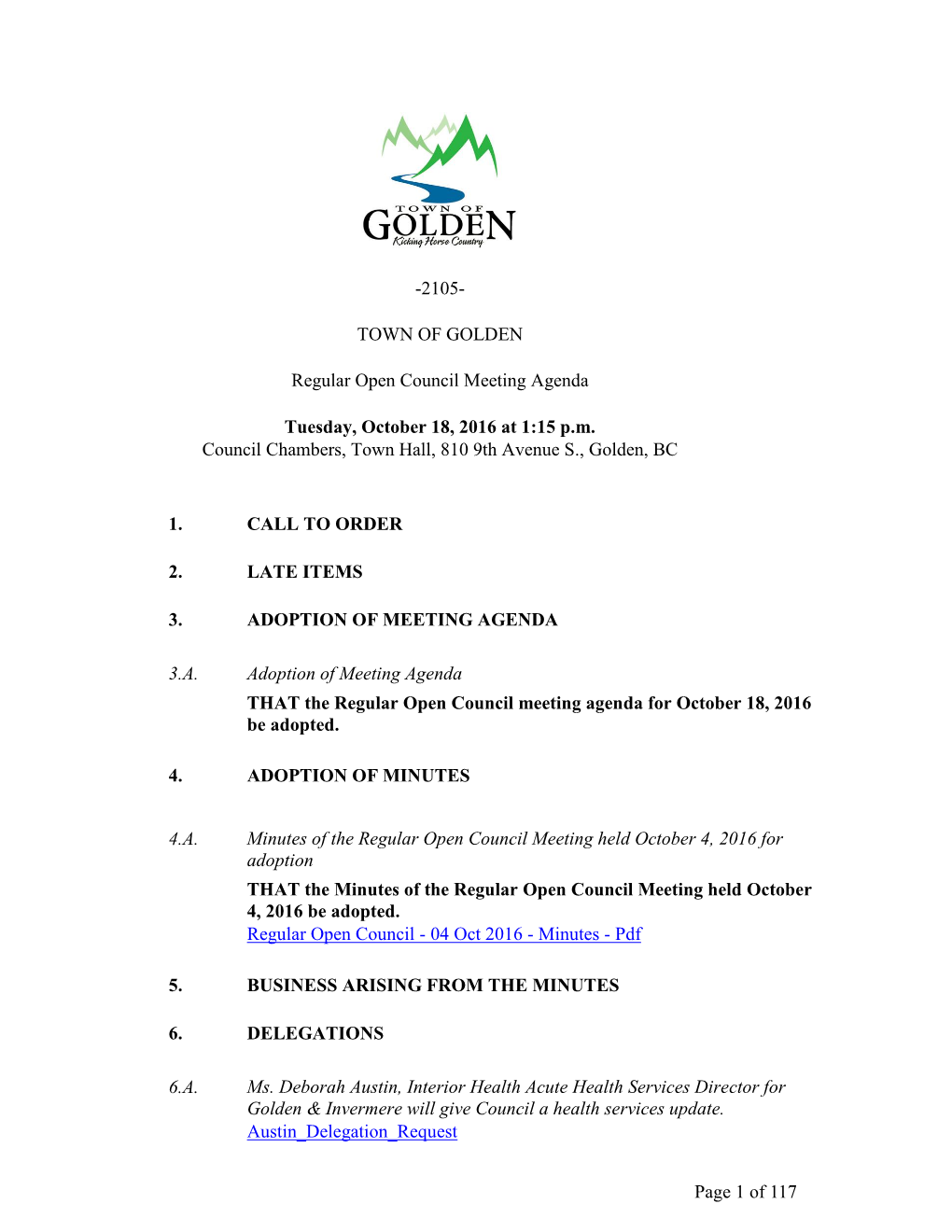 Regular Open Council Meeting Agenda