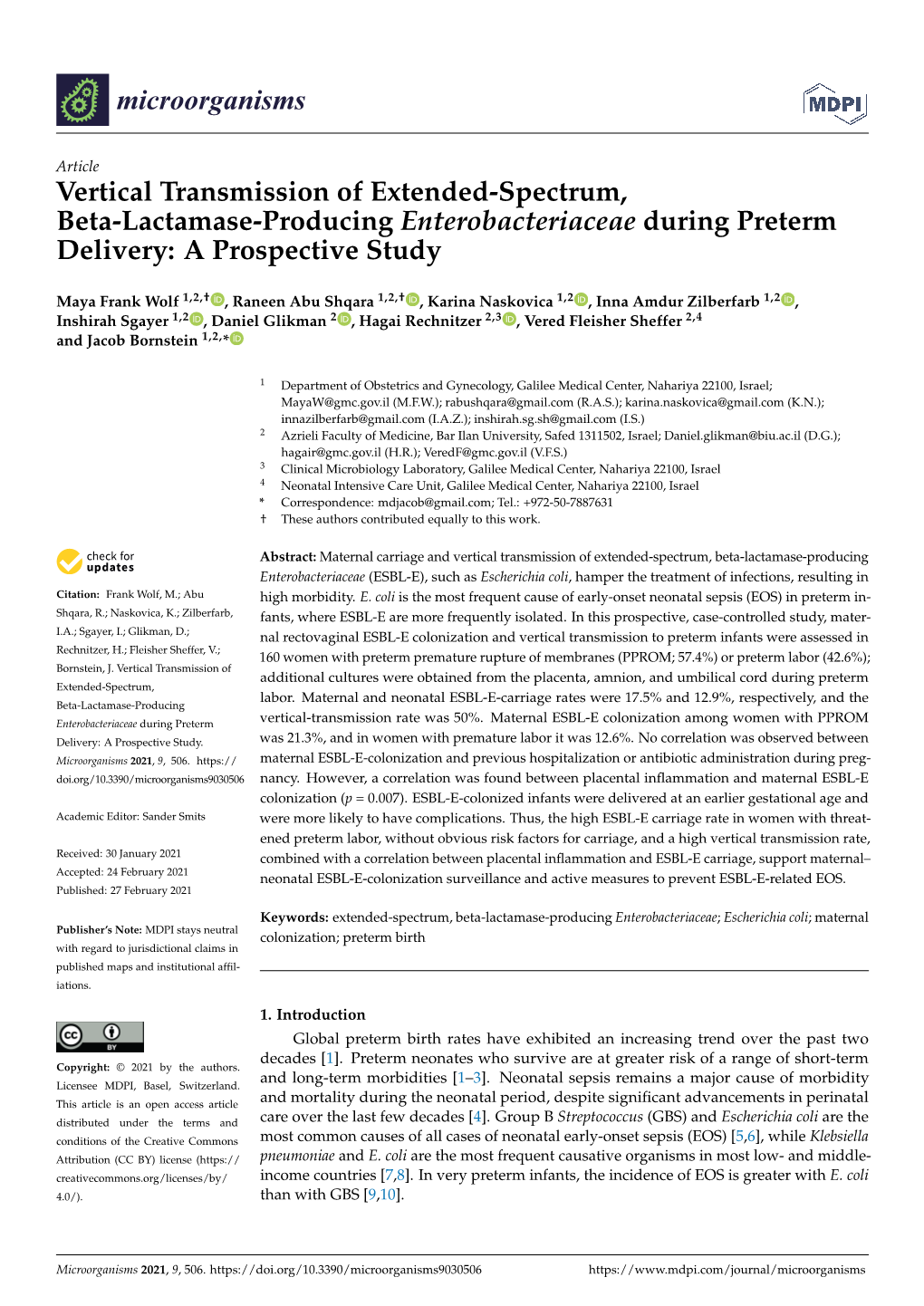 Vertical Transmission of Extended-Spectrum, Beta-Lactamase-Producing Enterobacteriaceae During Preterm Delivery: a Prospective Study