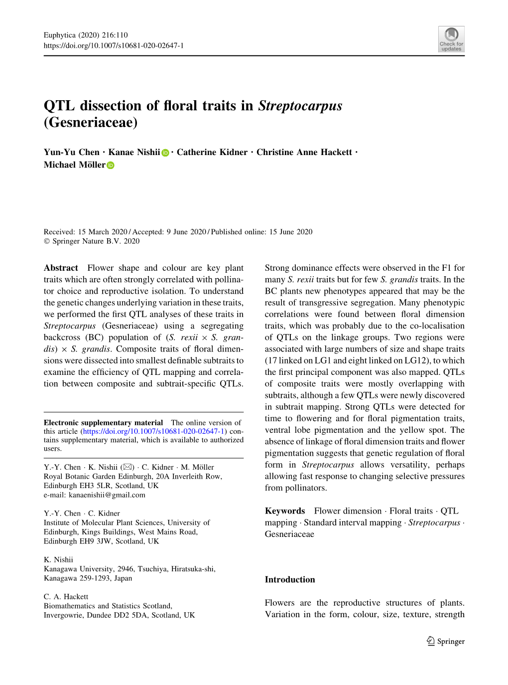 QTL Dissection of Floral Traits in Streptocarpus (Gesneriaceae)