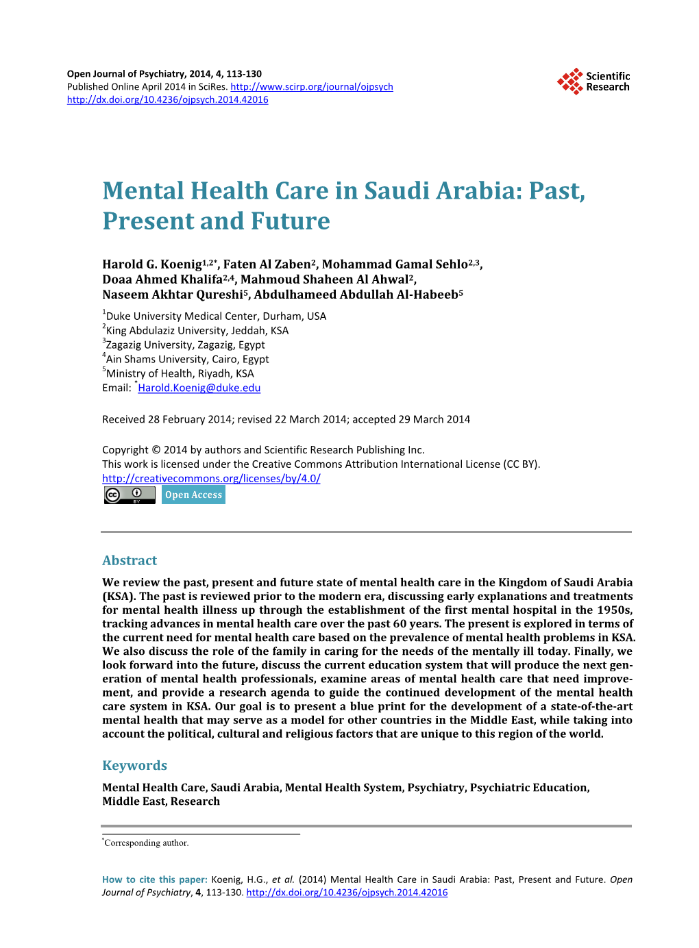 Mental Health Care in Saudi Arabia: Past, Present and Future