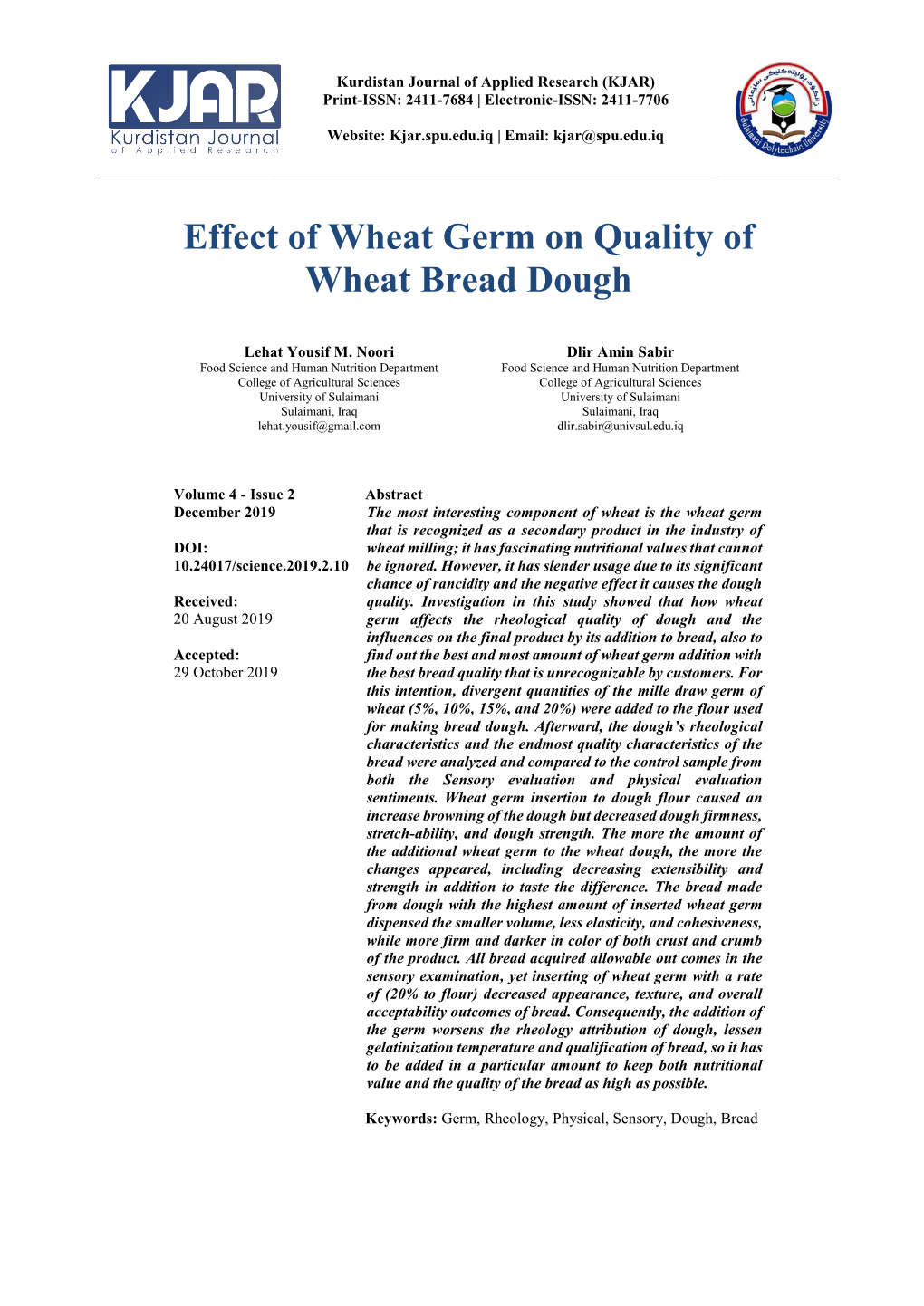 Effect of Wheat Germ on Quality of Wheat Bread Dough