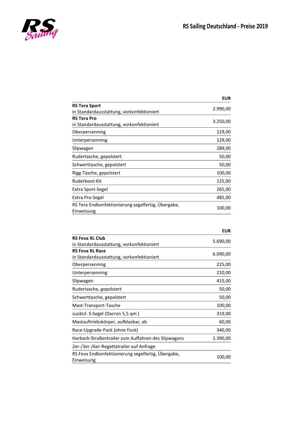 RS Sailing Deutschland - Preise 2019