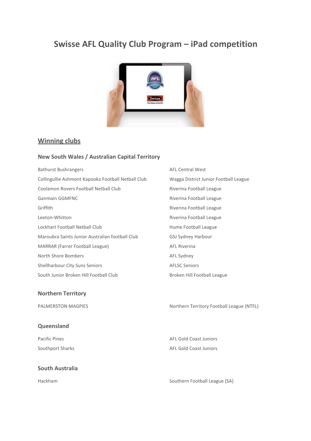 Swisse AFL Quality Club Program – Ipad Competition