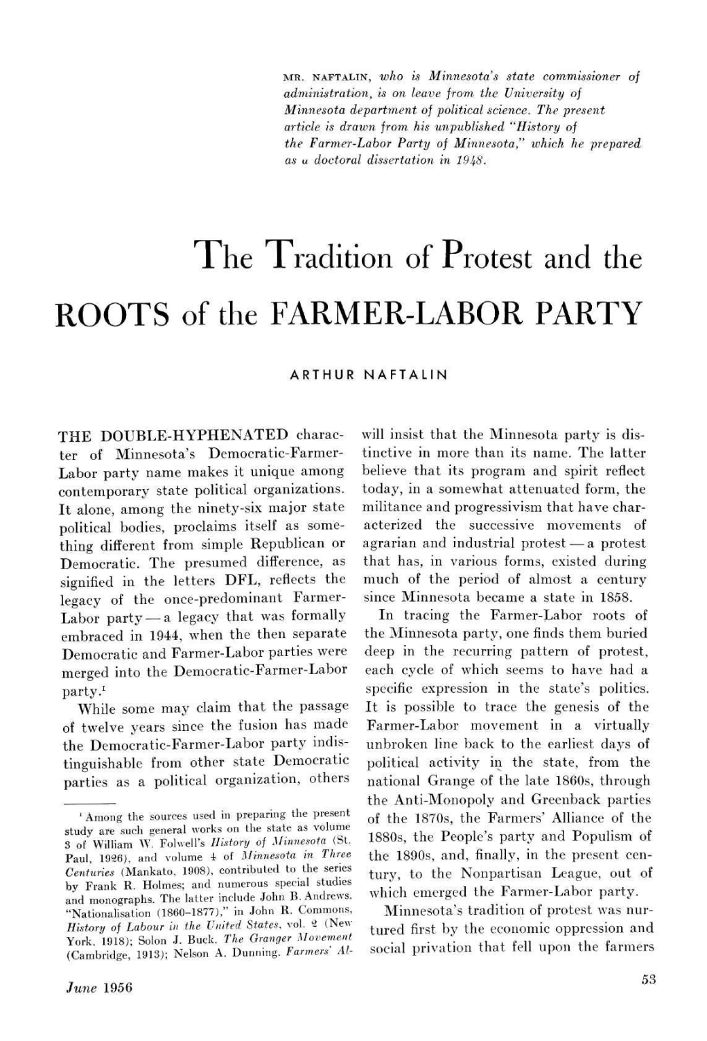 The Traditon of Protest and the Roots of the Farmer-Labor Party